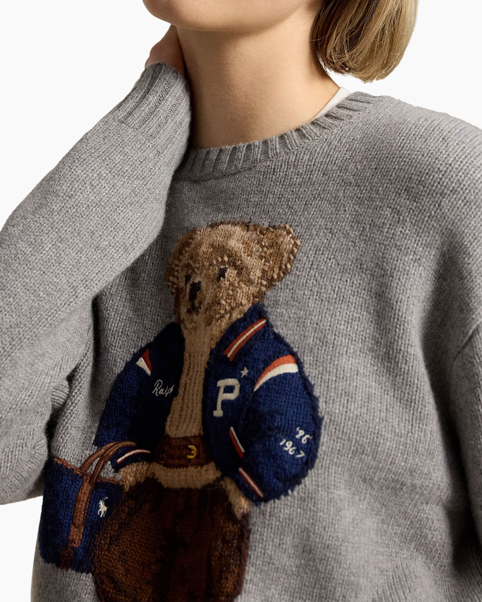 sweater, knitted, teddy bear, embroidery, gray