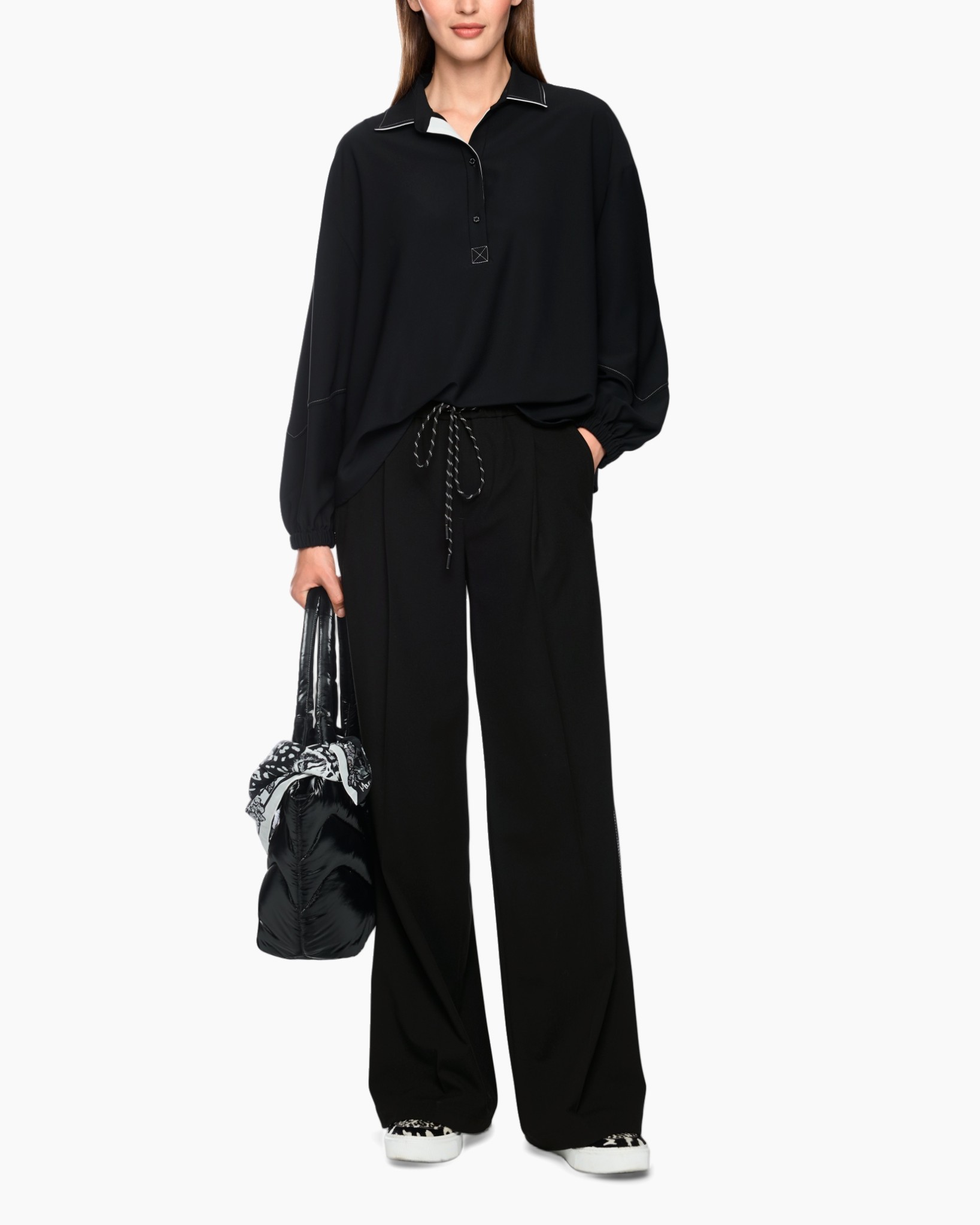 black blouse, polo neck, loose fit, wide-leg pants, drawstring waist