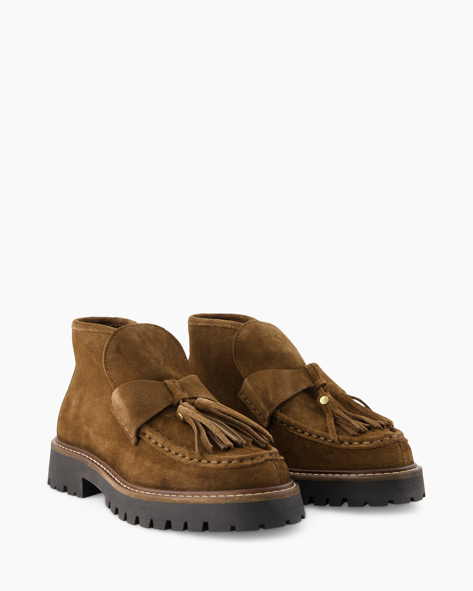 ankle boots, brown suede, tassel loafers, chunky sole, moccasin style