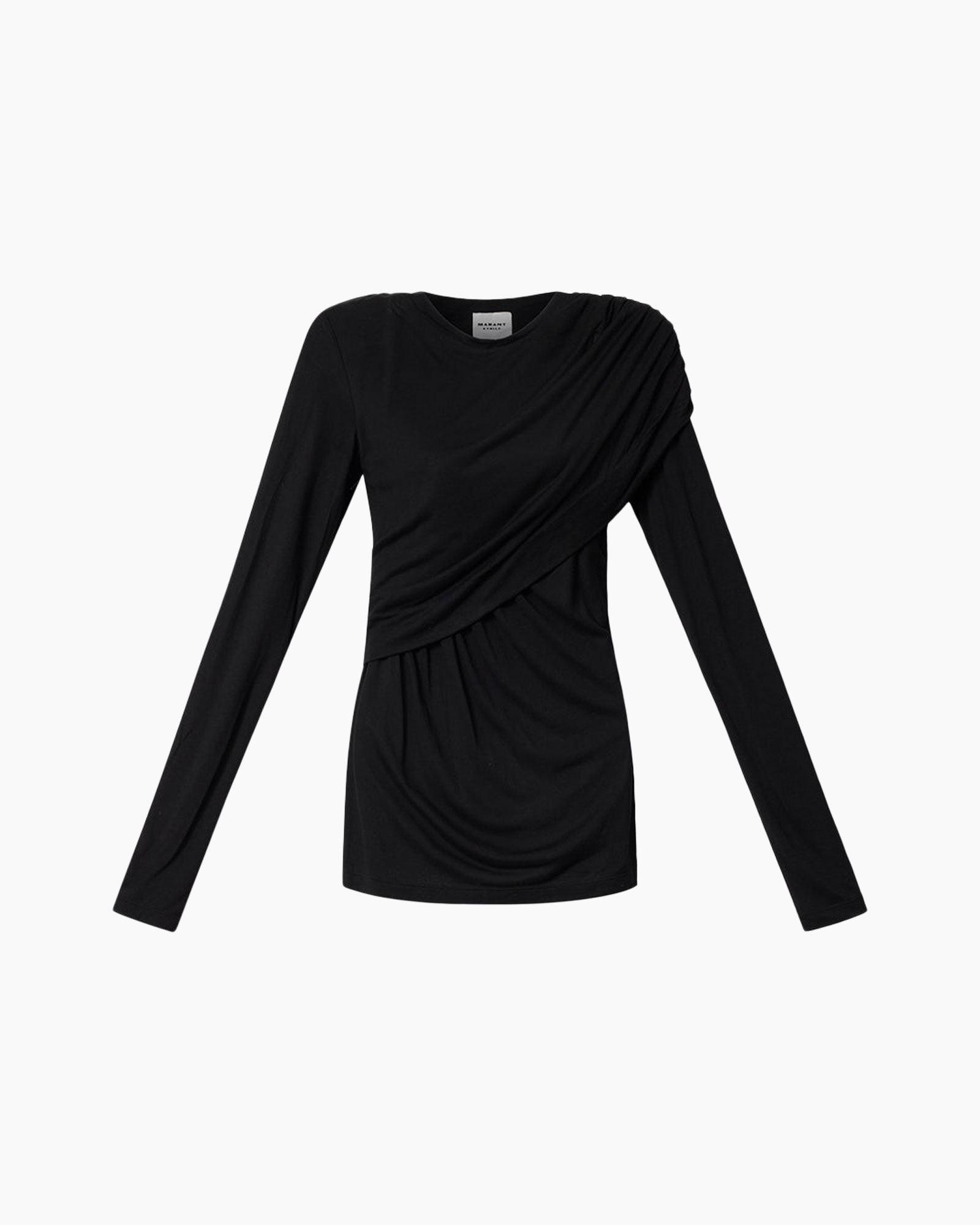 top, black, long-sleeve, ruched, asymmetric-wabric