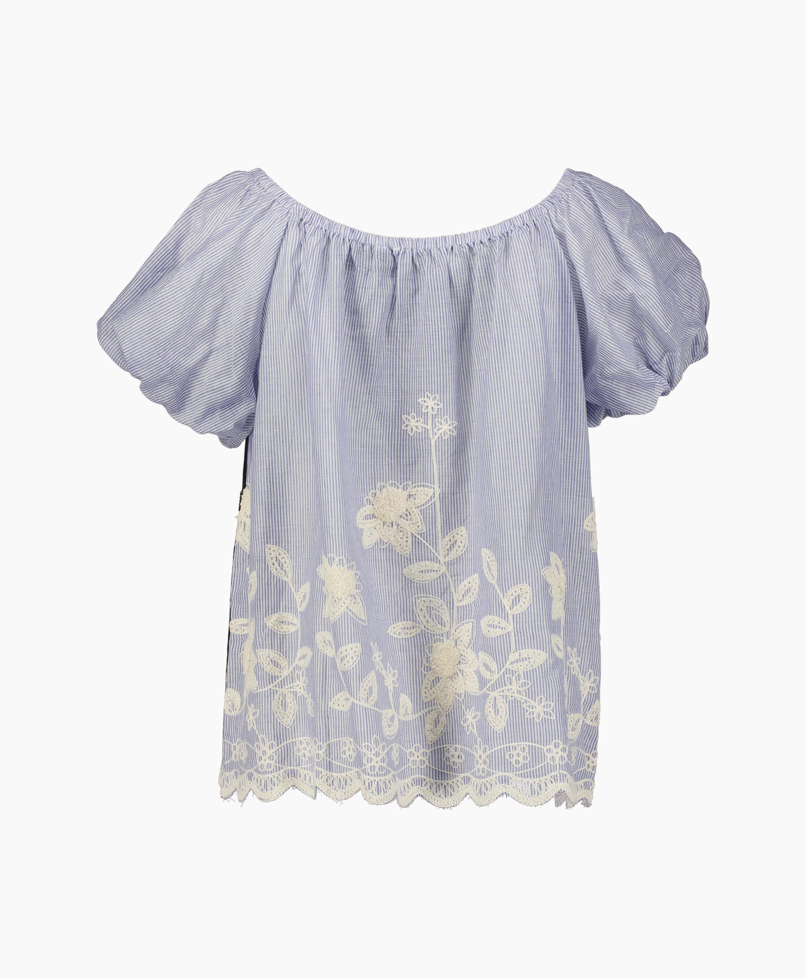 blouse, embroidered, puff sleeves, purple stripe, lace hem