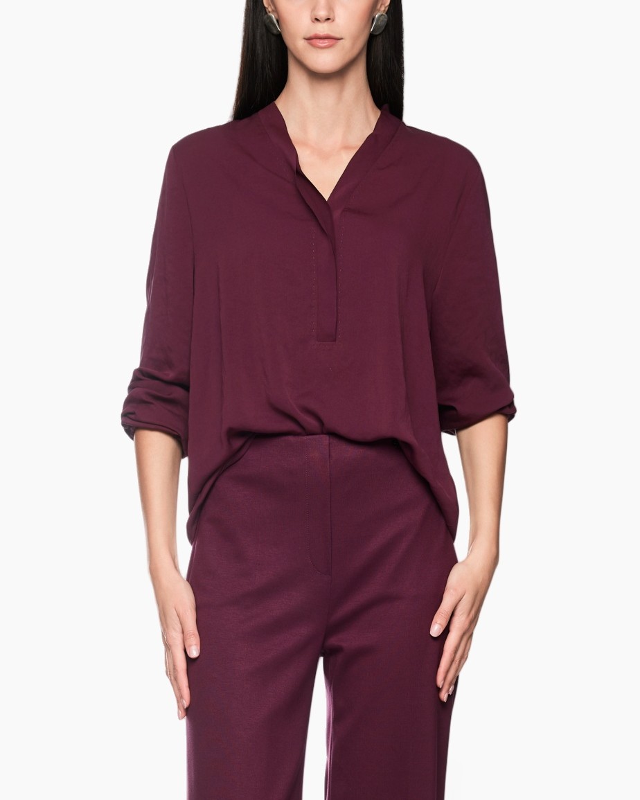 shirt, blouse, burgundy, long_sleeve, top