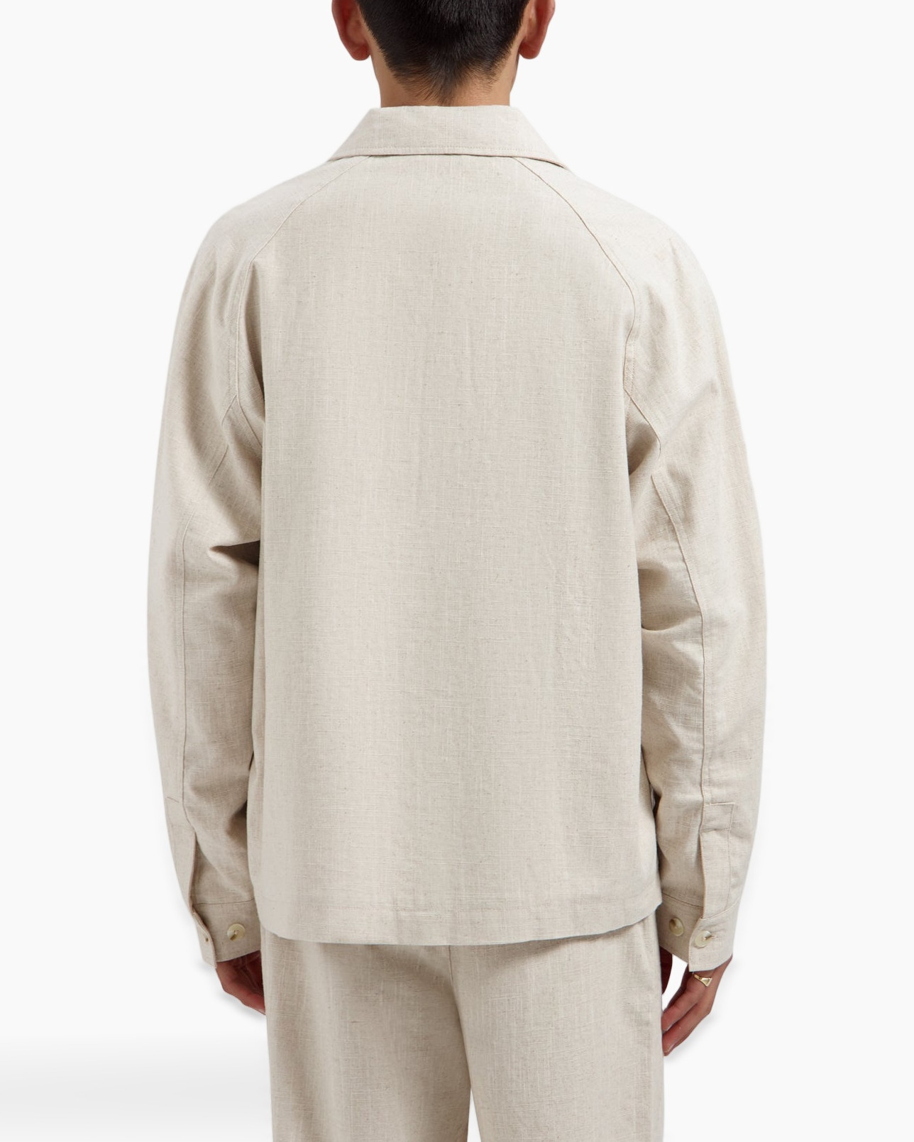 beige jacket, button-front, loose fit, patch pockets, collared shirt jacket