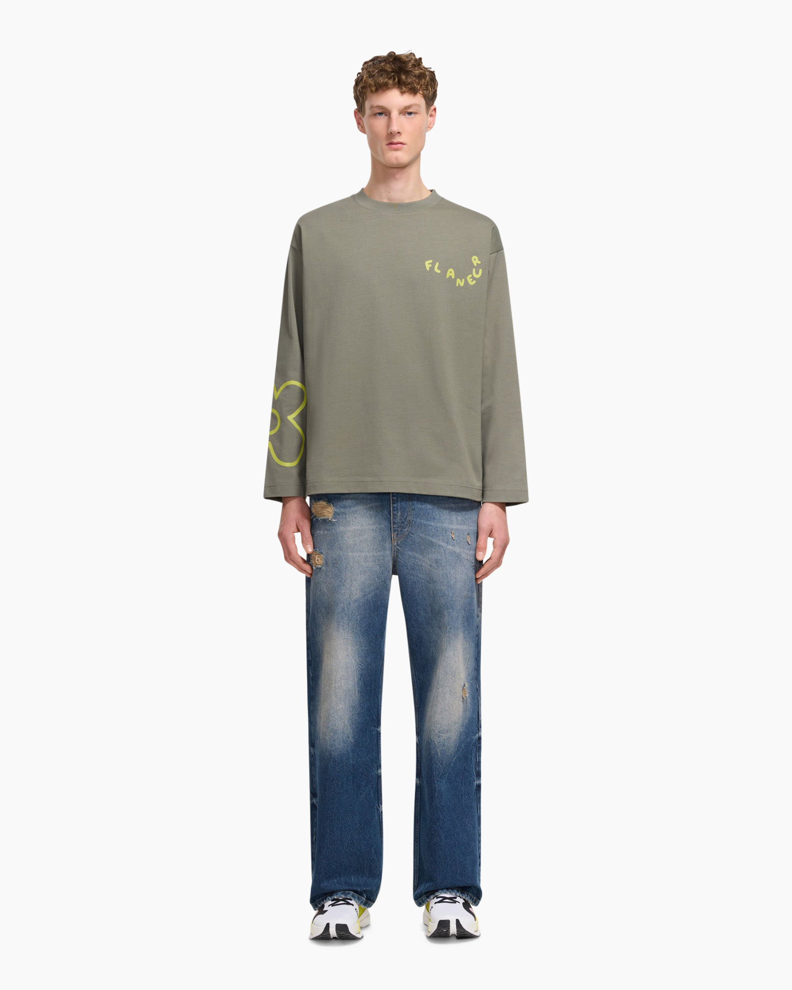 long-sleeve, olive-green, graphic, distressed jeans, crew neck