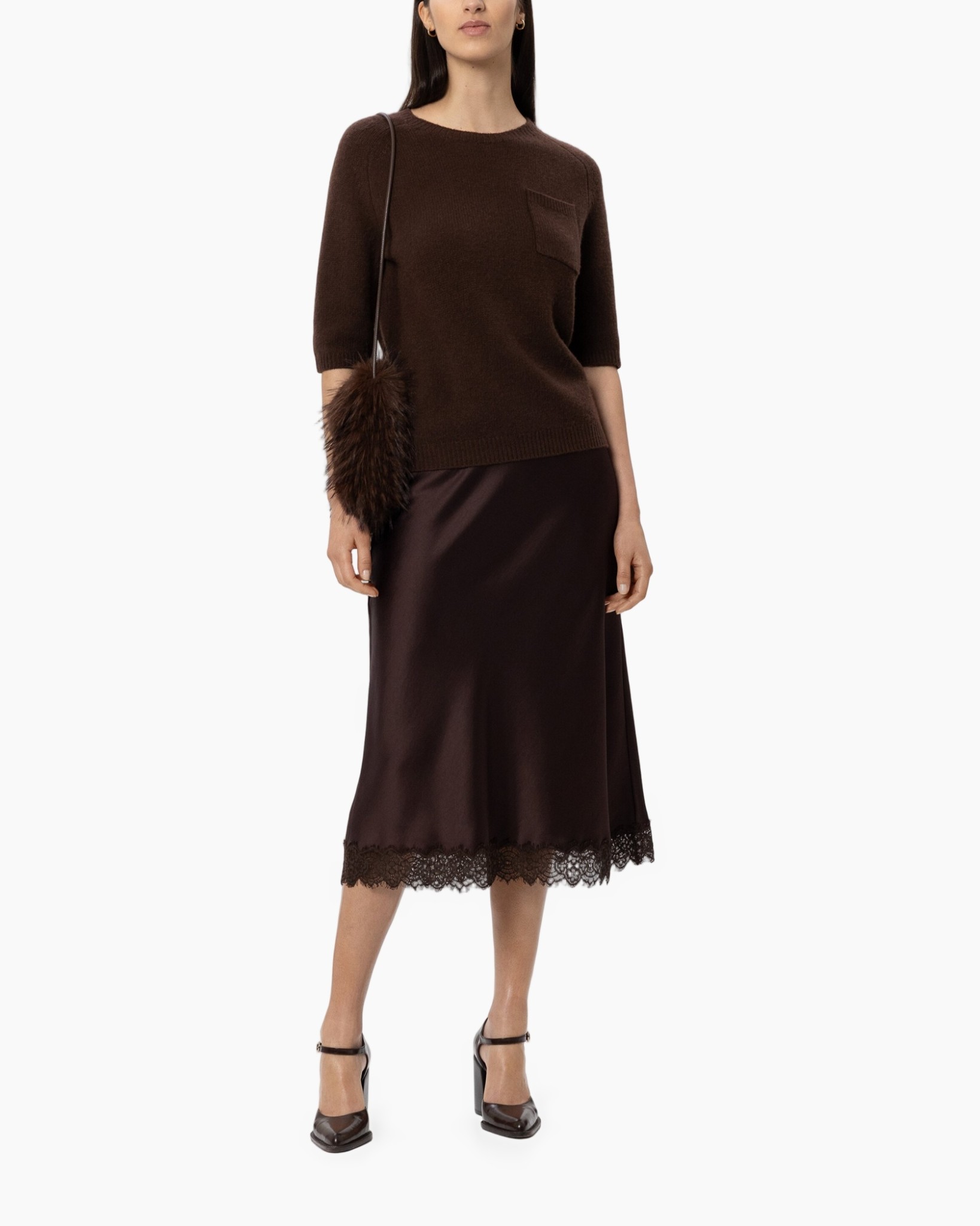 brown sweater, knit top, pocket sweater, brown midi skirt, lace hem, black purse, mid-length dress, ankle-strap heels, brown color