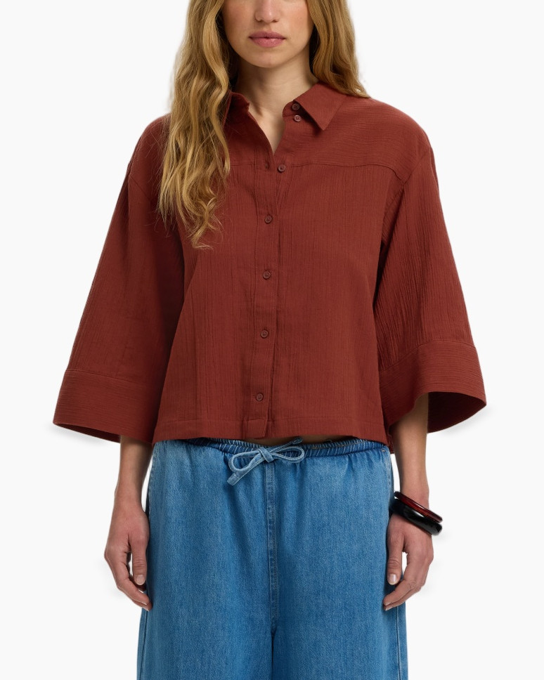 shirt, blouse, long sleeve, rust, collared