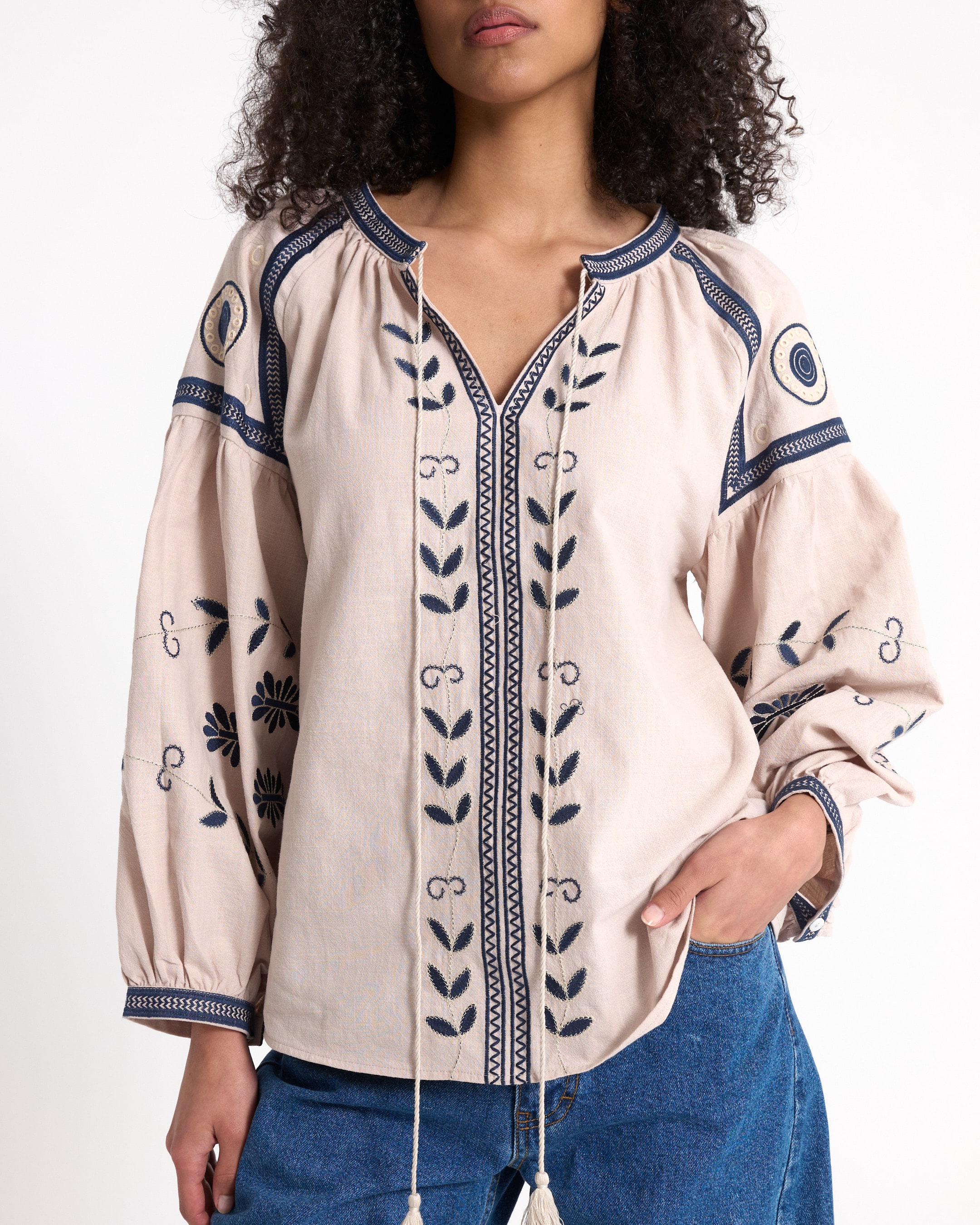 blouse, embroidered, cream, boho, long-sleeve