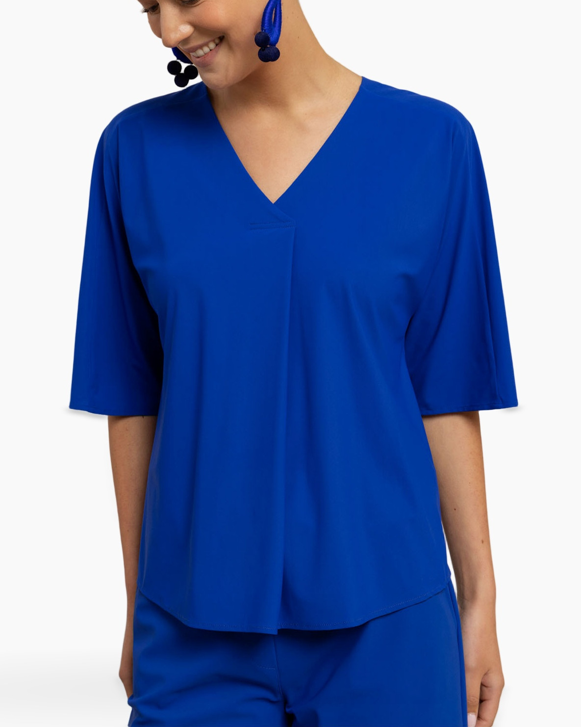 blue, top, short-sleeve, v-neck, loose-fit