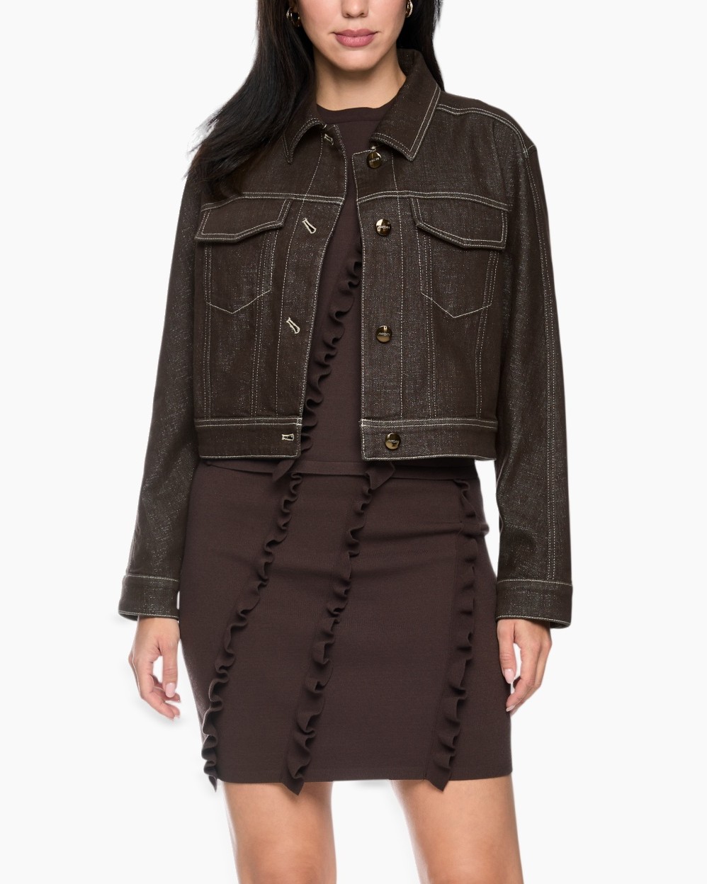 denim, jacket, brown, long-sleeve, mini-dress