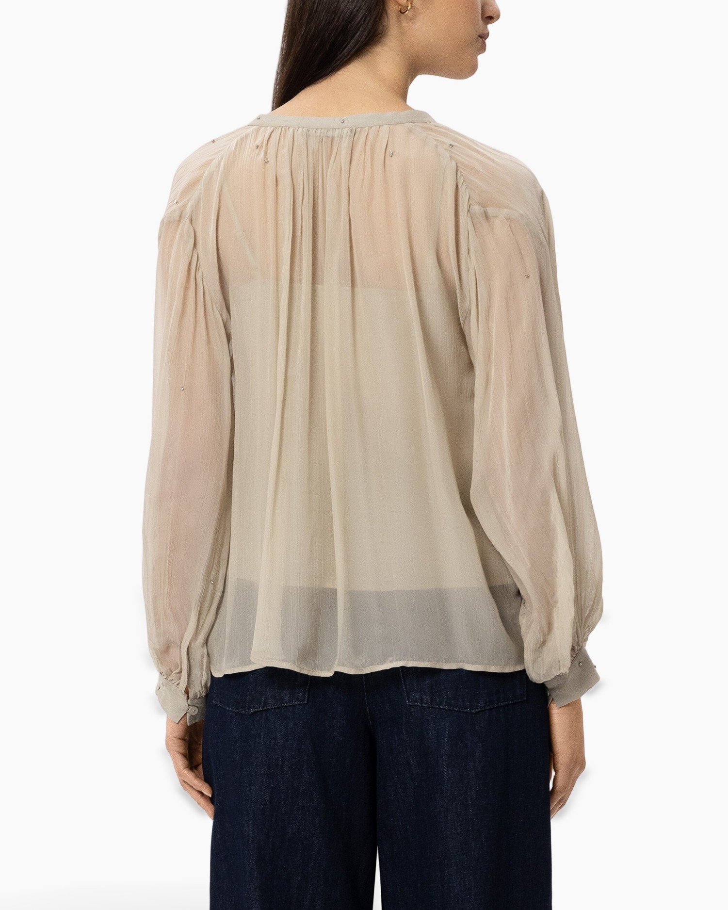 blouse, beige, sheer, embellished, buttons