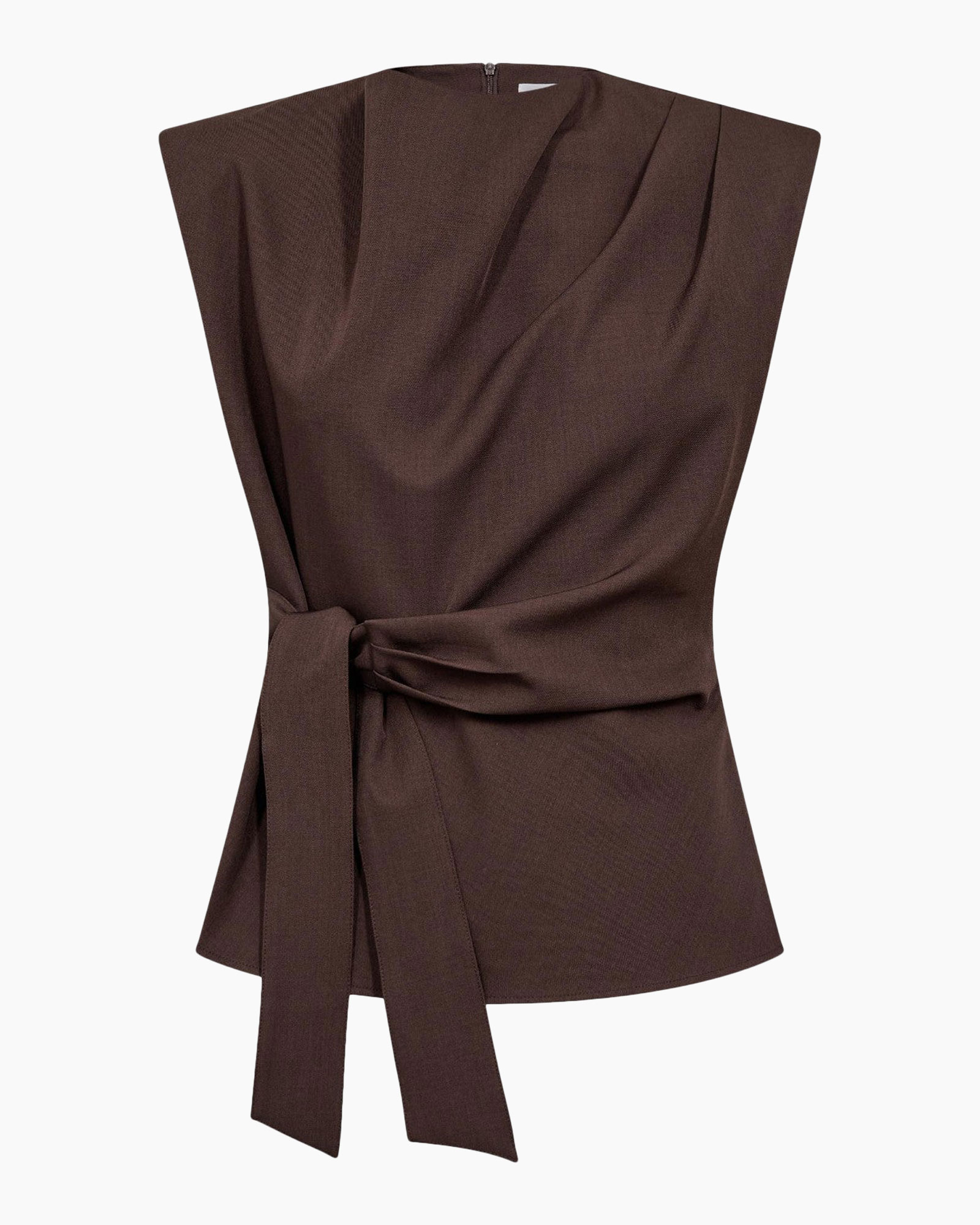 top, brown, wrap, belted, sleeveless