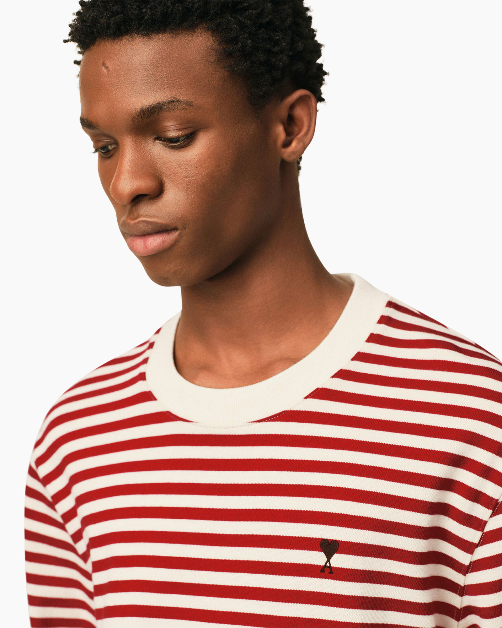 striped sweater, red white stripes, crew neck, knit jumper, small logo