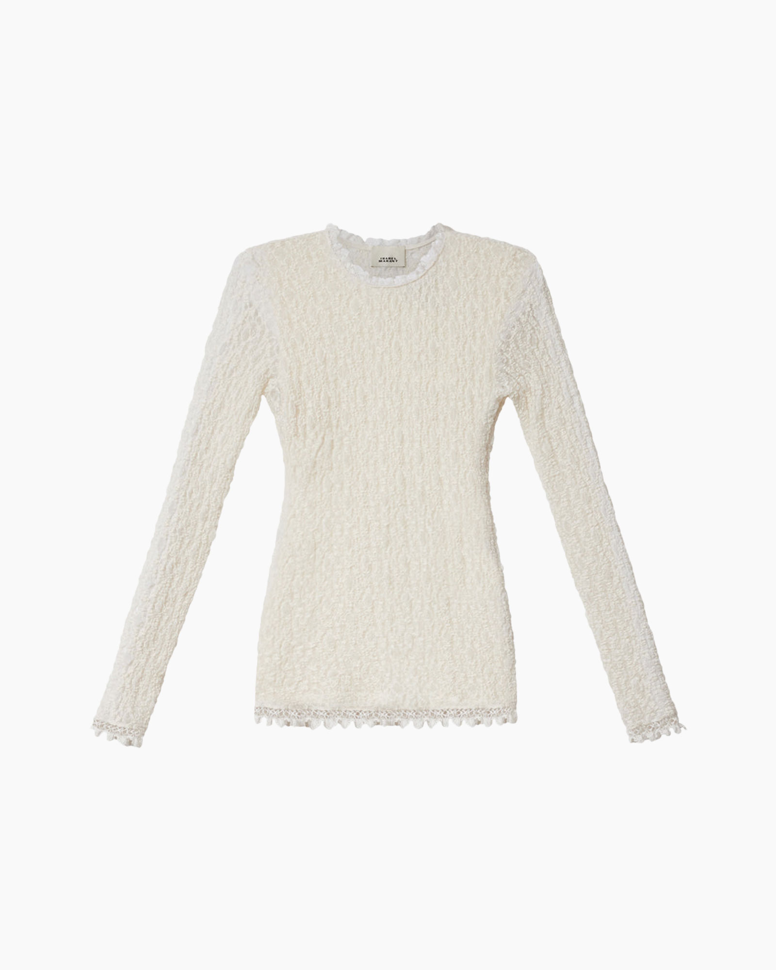 top, textured, long-sleeve, cream, lace-trim