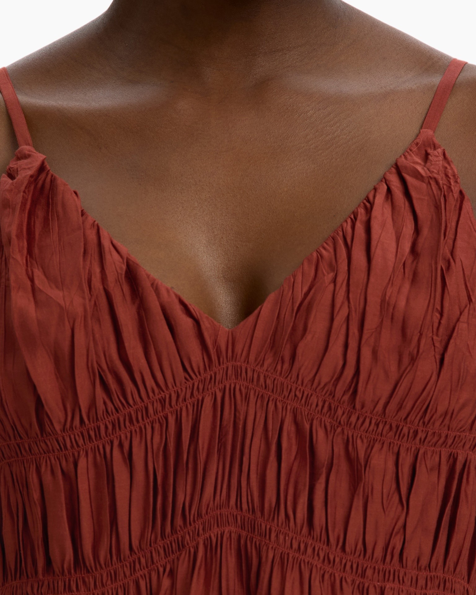 dress, brown, ruched, spaghetti-straps, v-neck