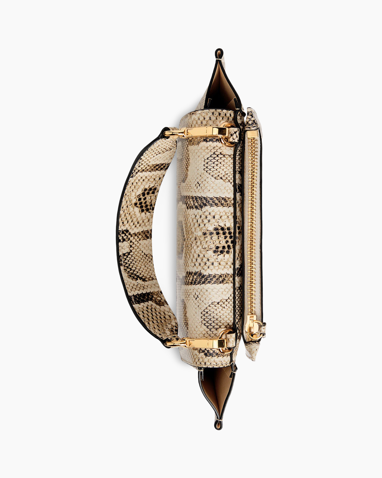 handbag, snakeskin, gold hardware, zip closure, shoulder strap