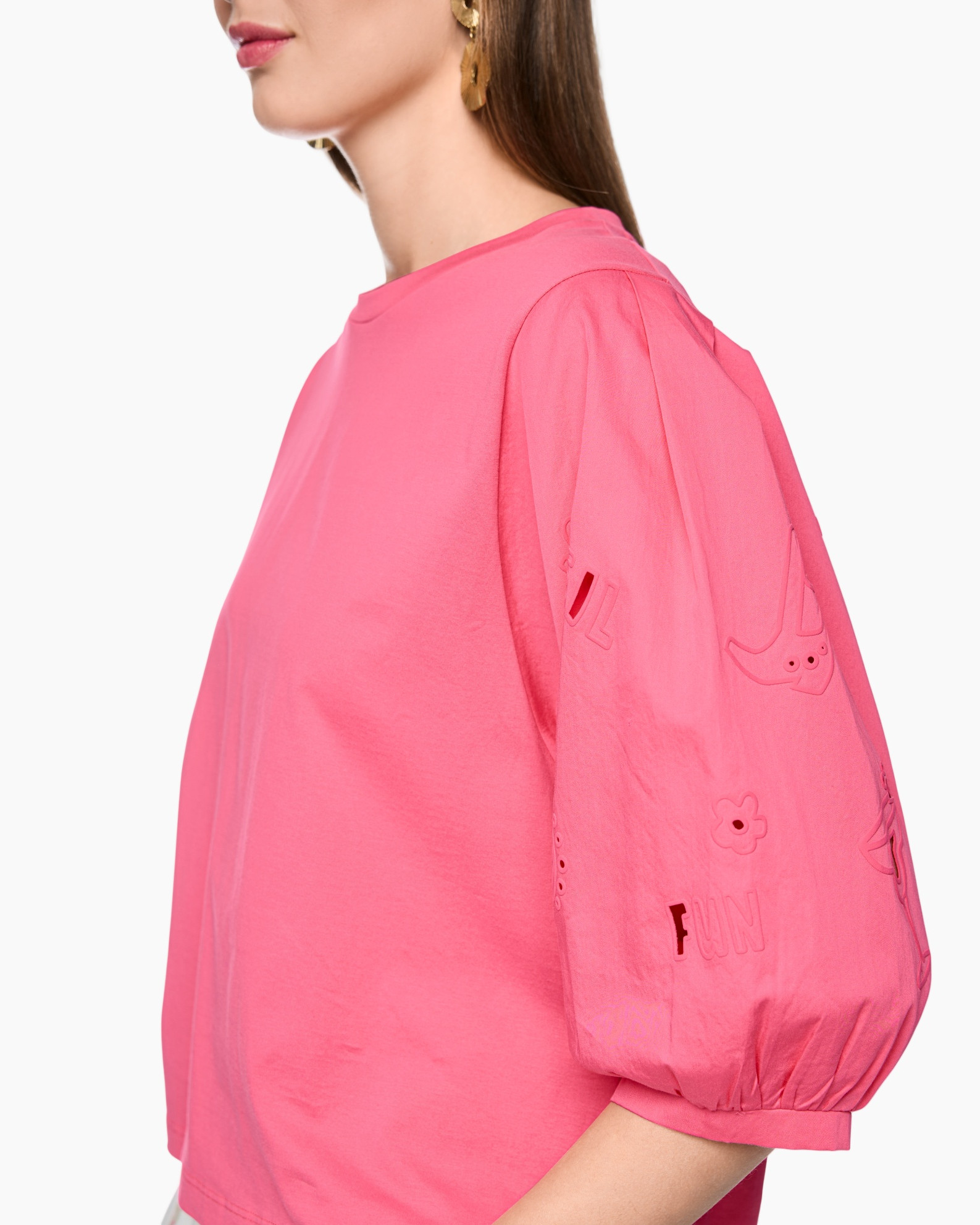 pink, t-shirt, puff sleeve, short sleeve, embellished sleeve