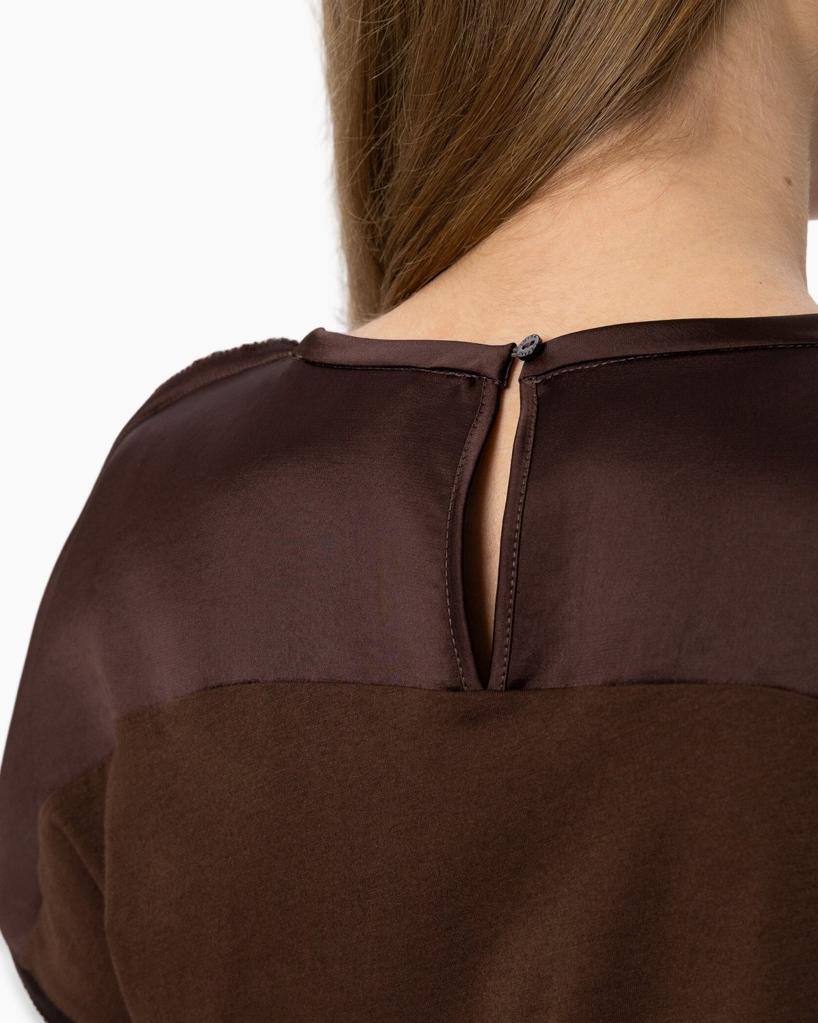 back neckline, keyhole, button, brown, two-tone
