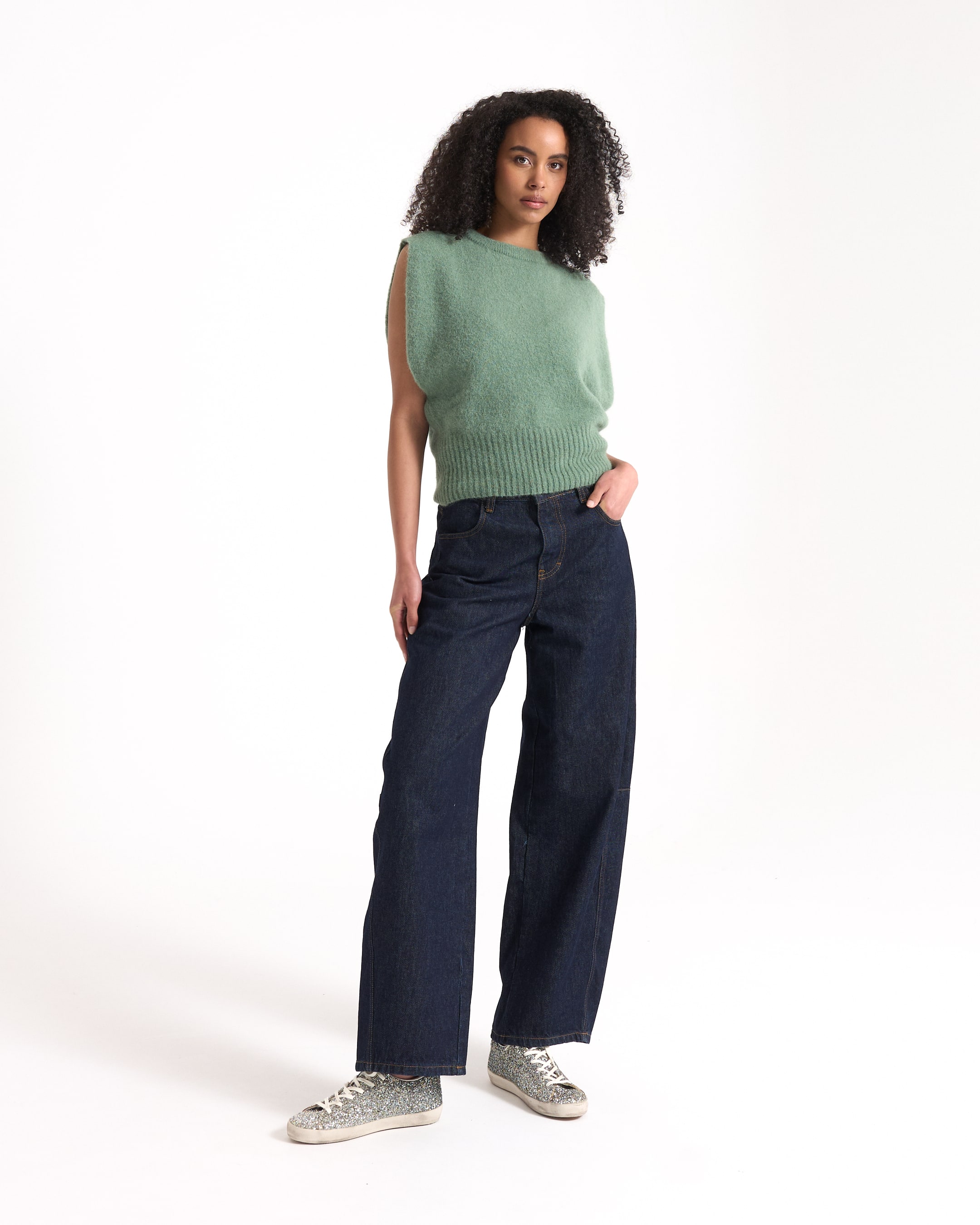 sleeveless sweater, green knit, pullover, ribbed hem, tank top alternative