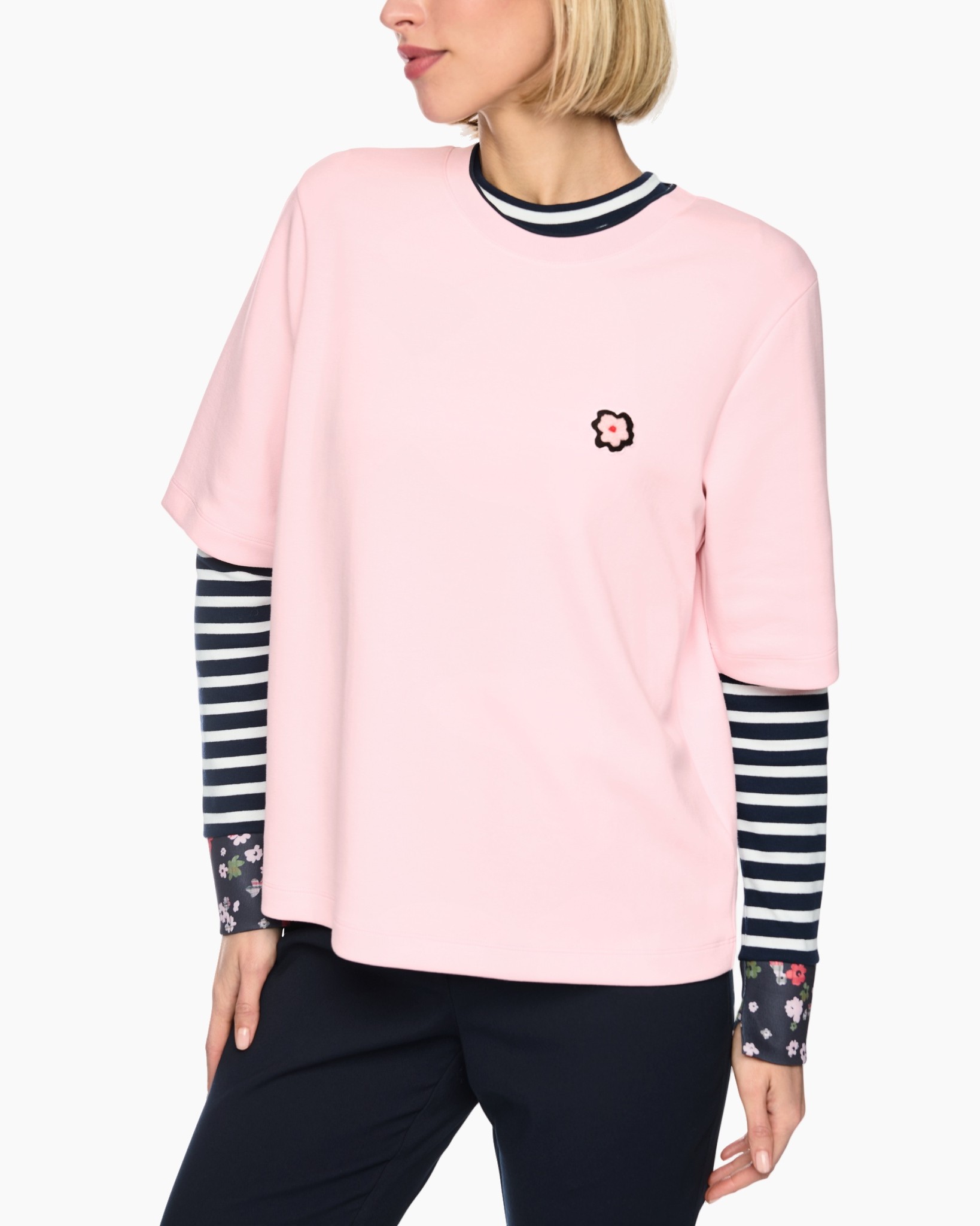 pink top, t-shirt, short sleeve, craft patch, layering look