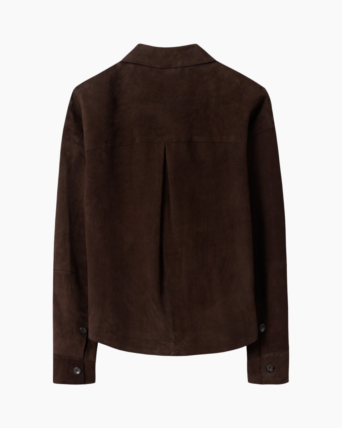 brown, suede, blouse, back pleat, long sleeve