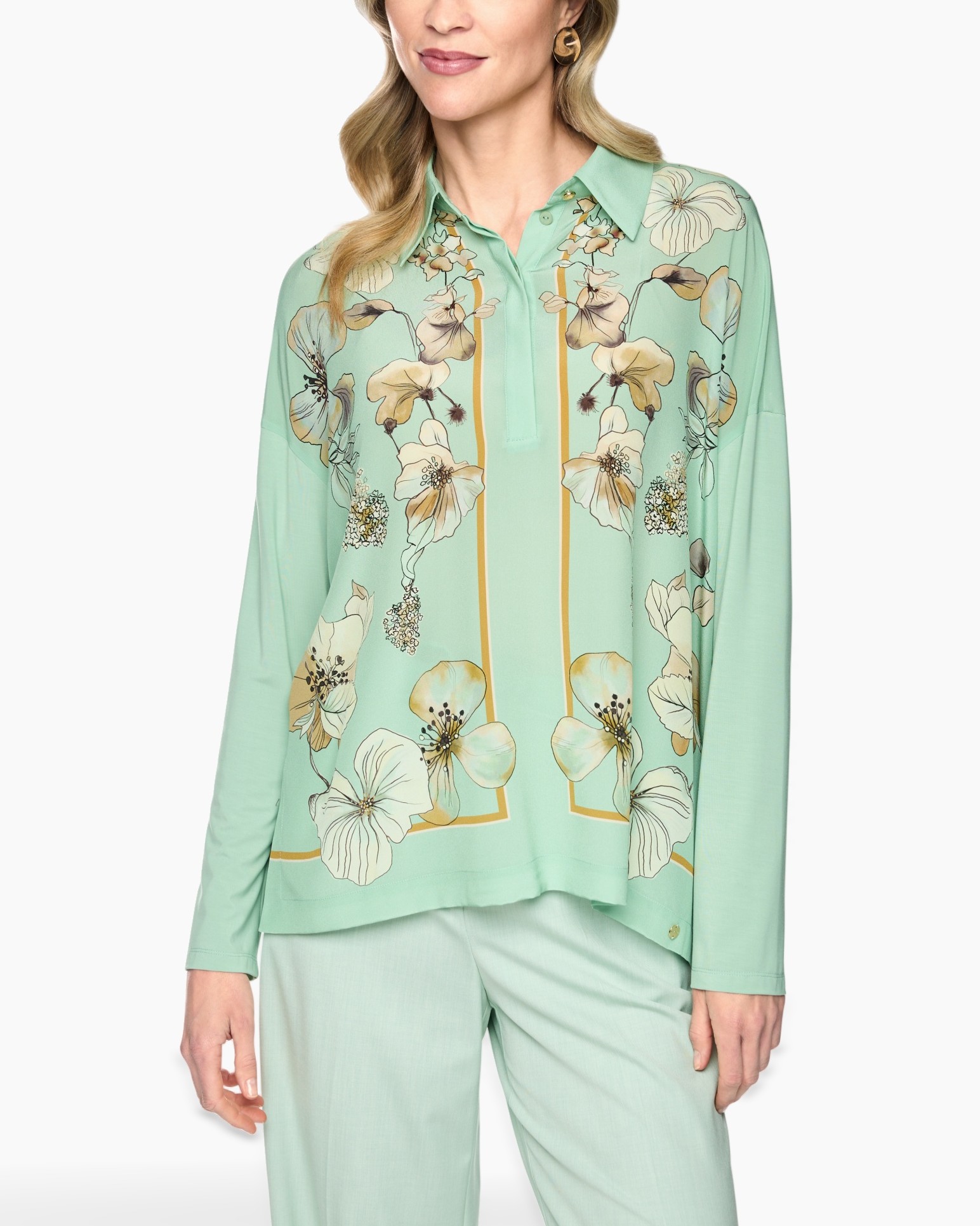 blouse, floral, mint, polo neck, long sleeves
