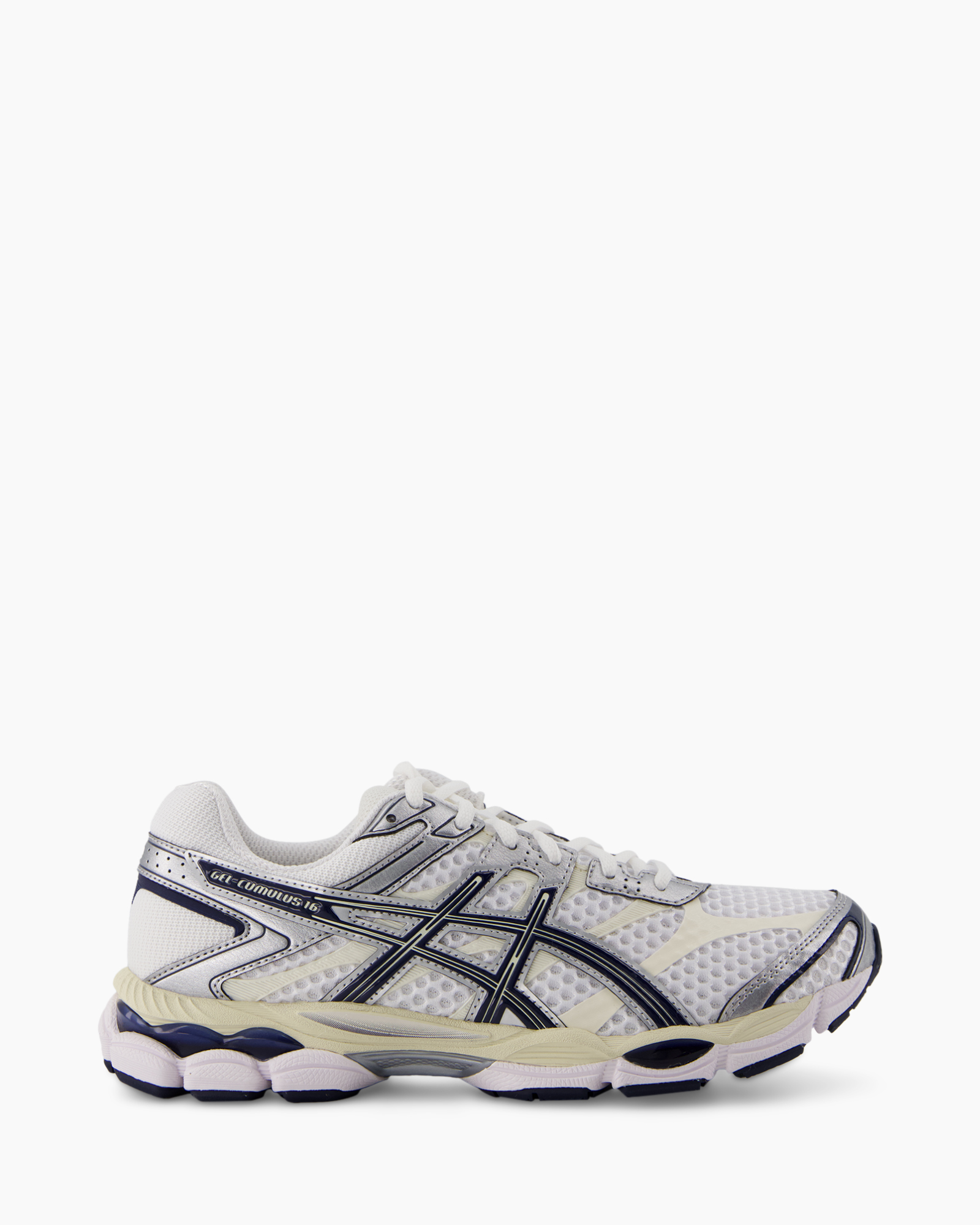 running shoe, mesh upper, white, blue accents, athletic sneaker
