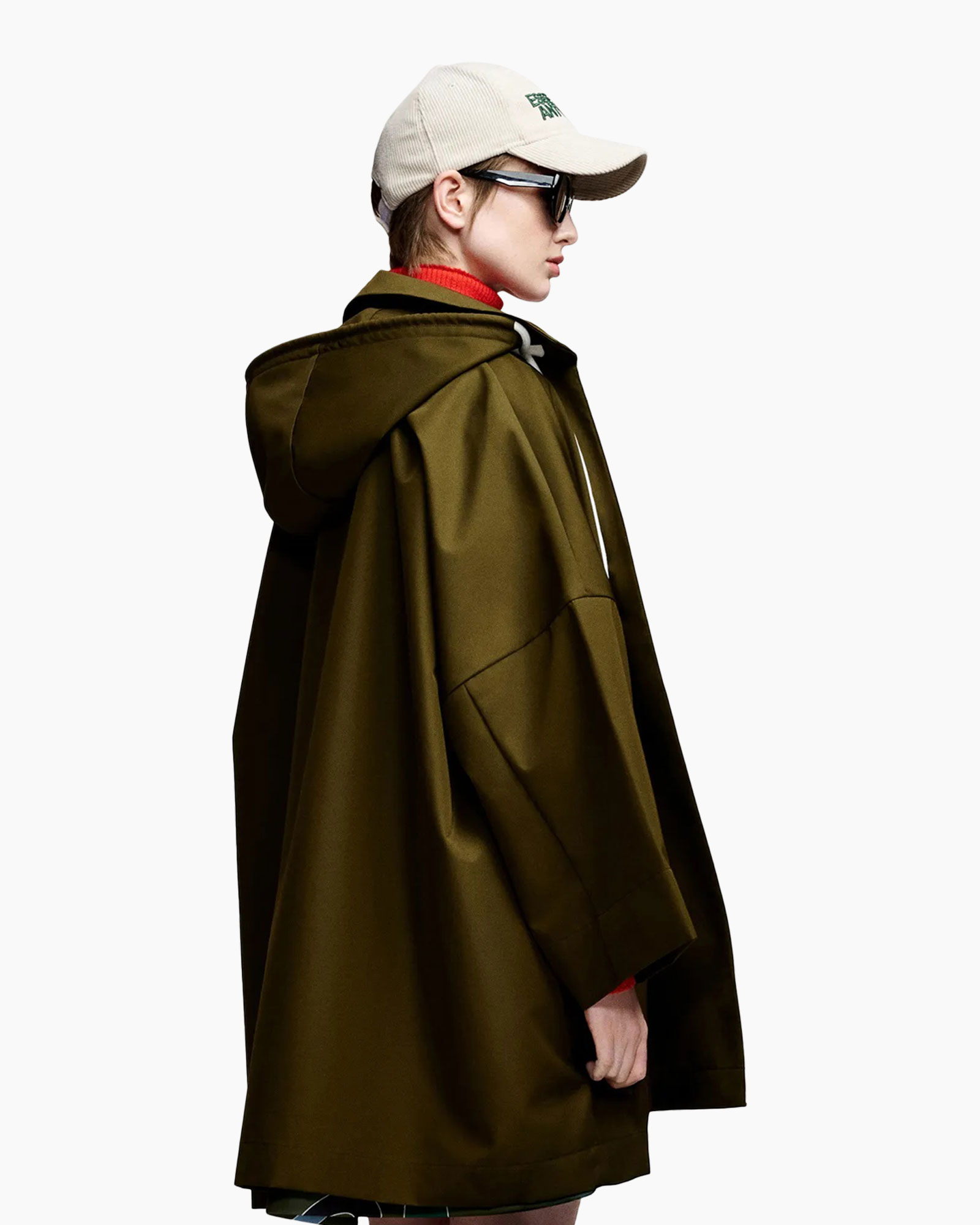 coat, parka, hooded, olive, colorful dress