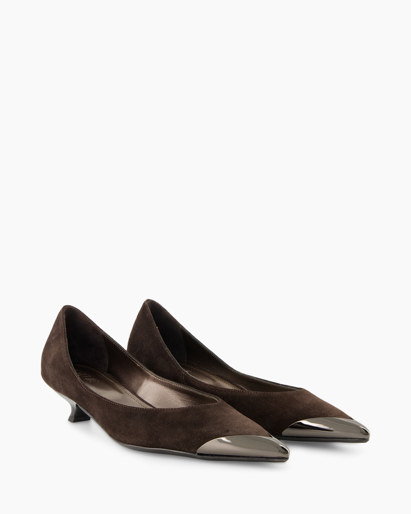 pump, brown,  suede, metal toe, kitten heel