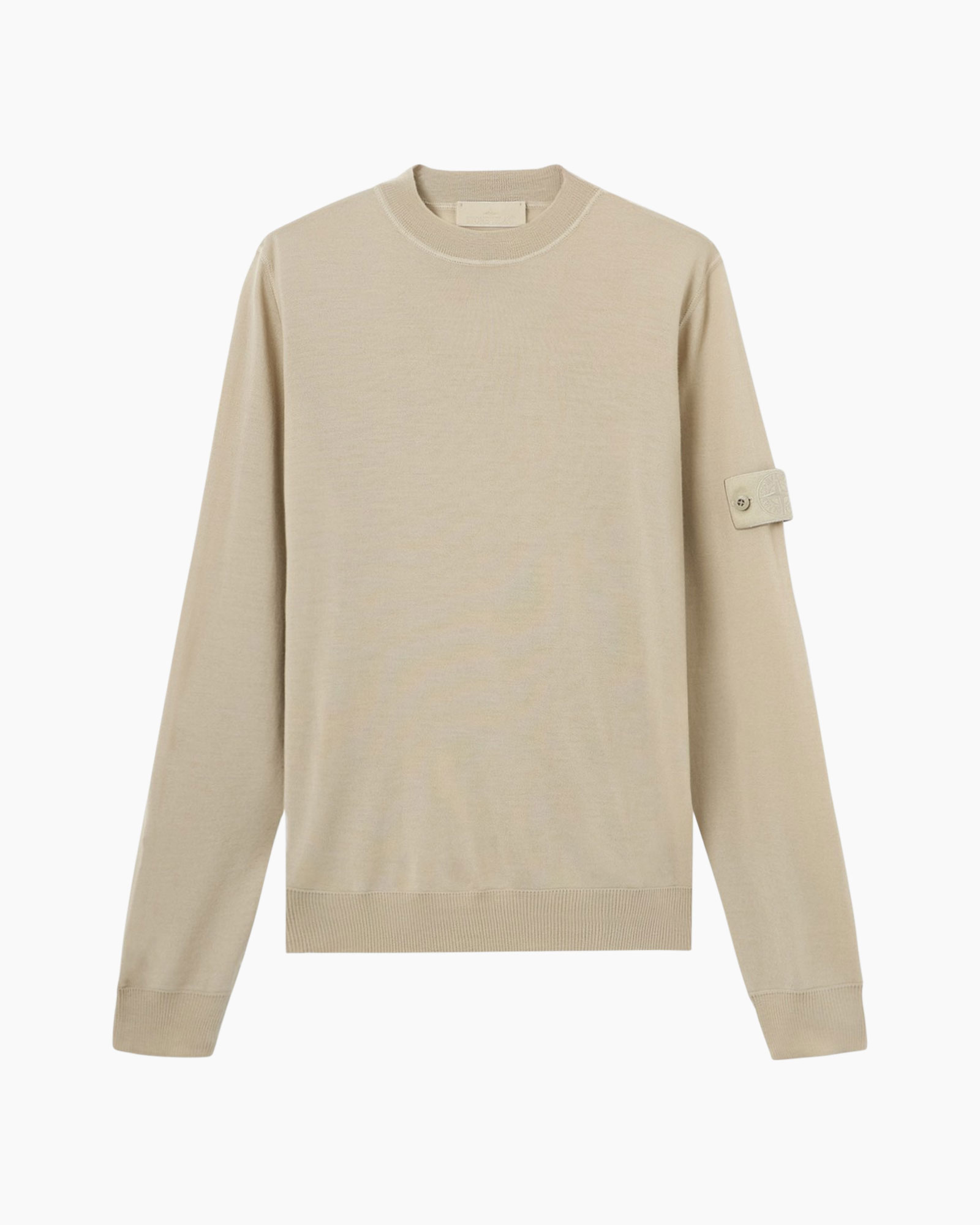 sweater, beige, crewneck, long-sleeve, patch-pocket, armband