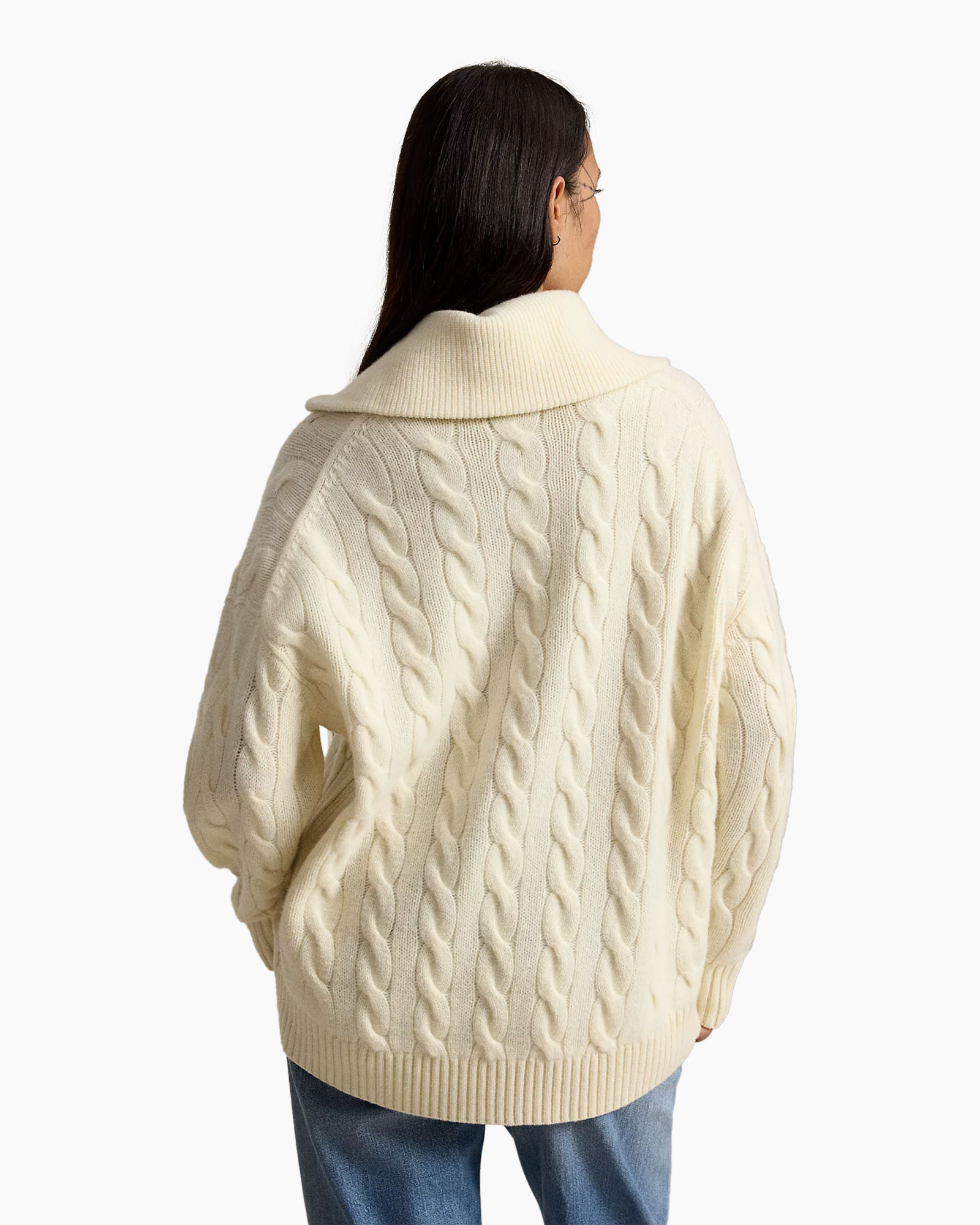 cardigan, cable knit, cream, oversized, turtleneck collar