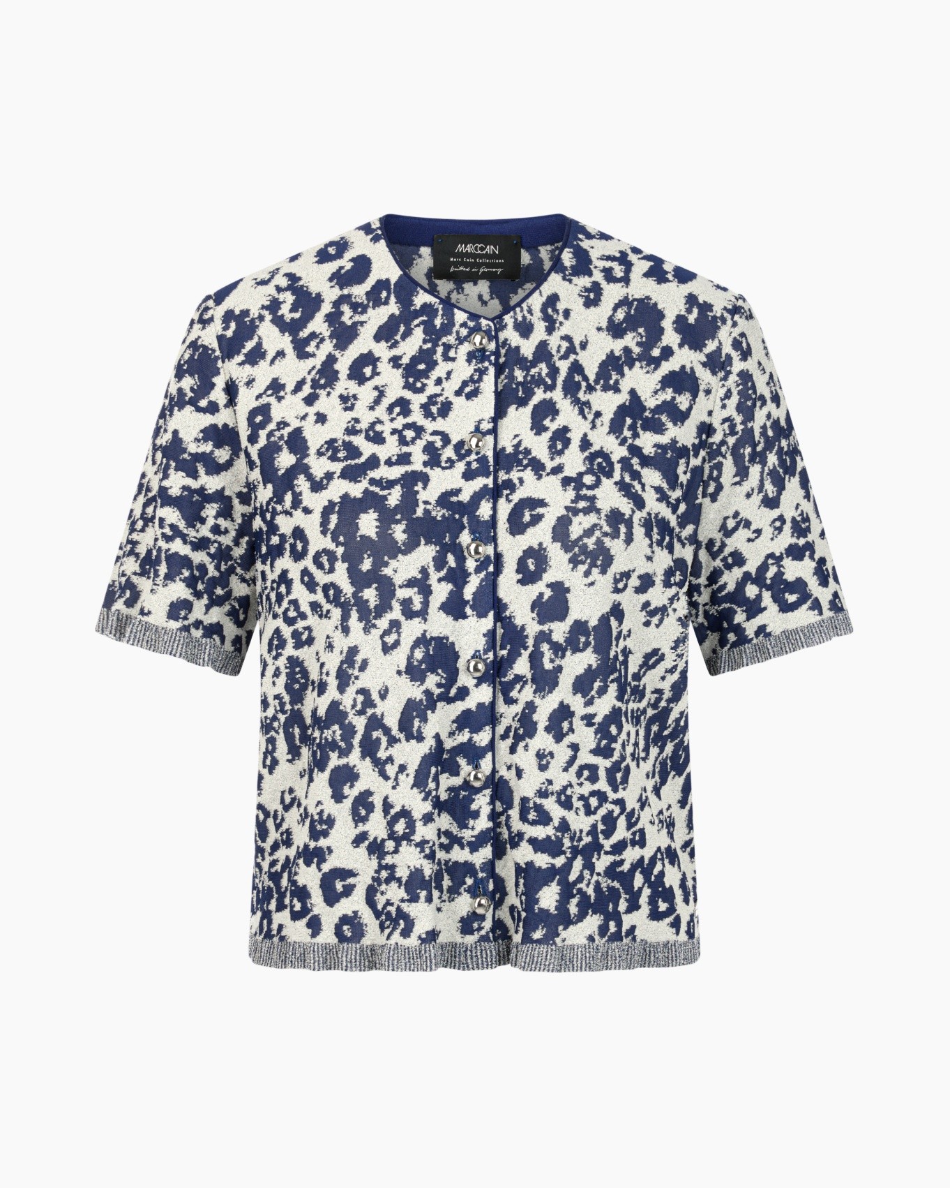 cardigan, leopard print, knit, short sleeves, blue white