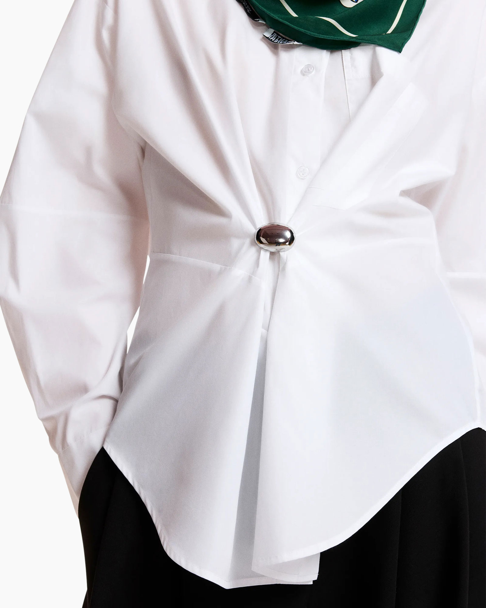 blouse, white shirt, metallic clasp, asymmetric hem, long sleeve