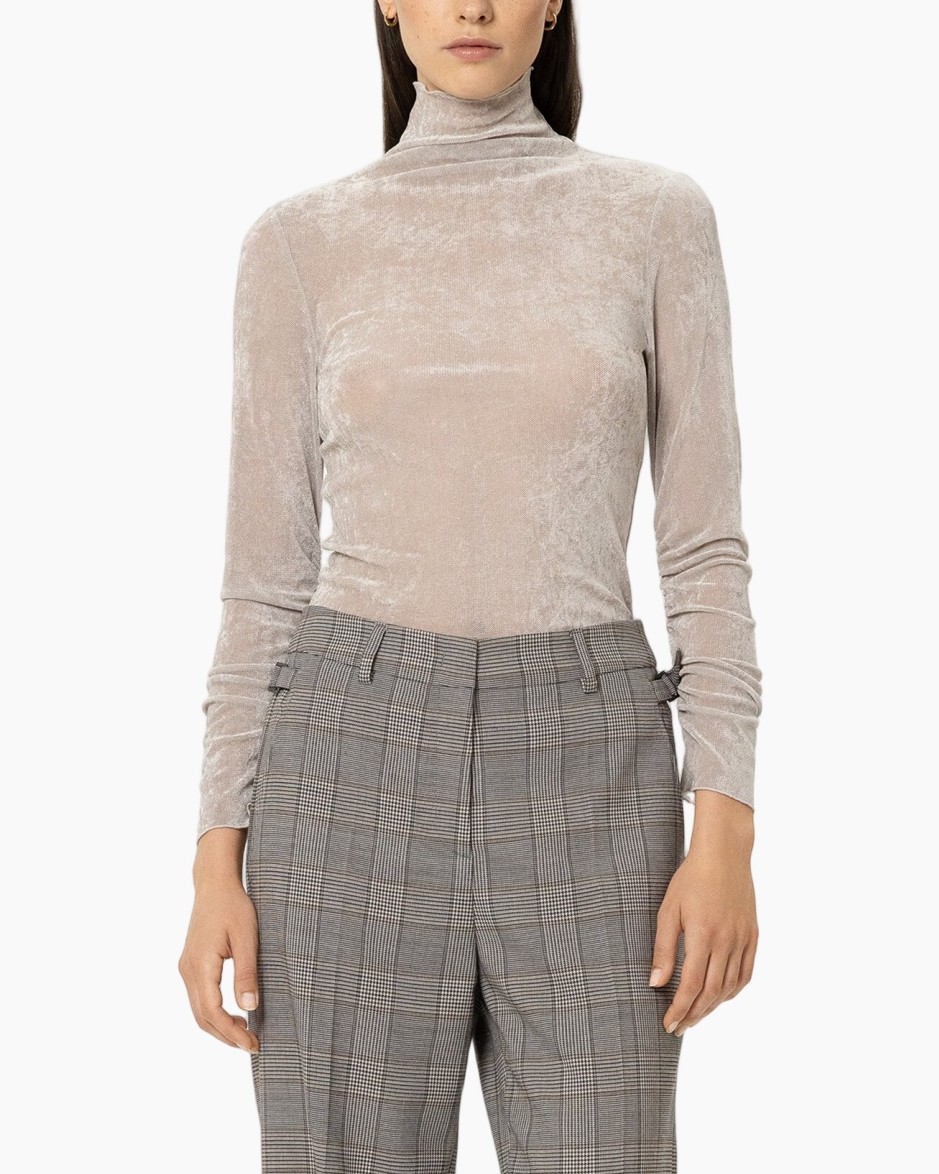 velvet top, turtleneck, beige, longsleeve, plaid pants