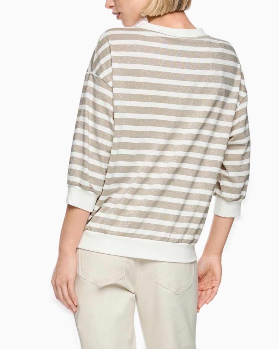 striped sweater, long sleeve, crew neck, beige white, loose fit