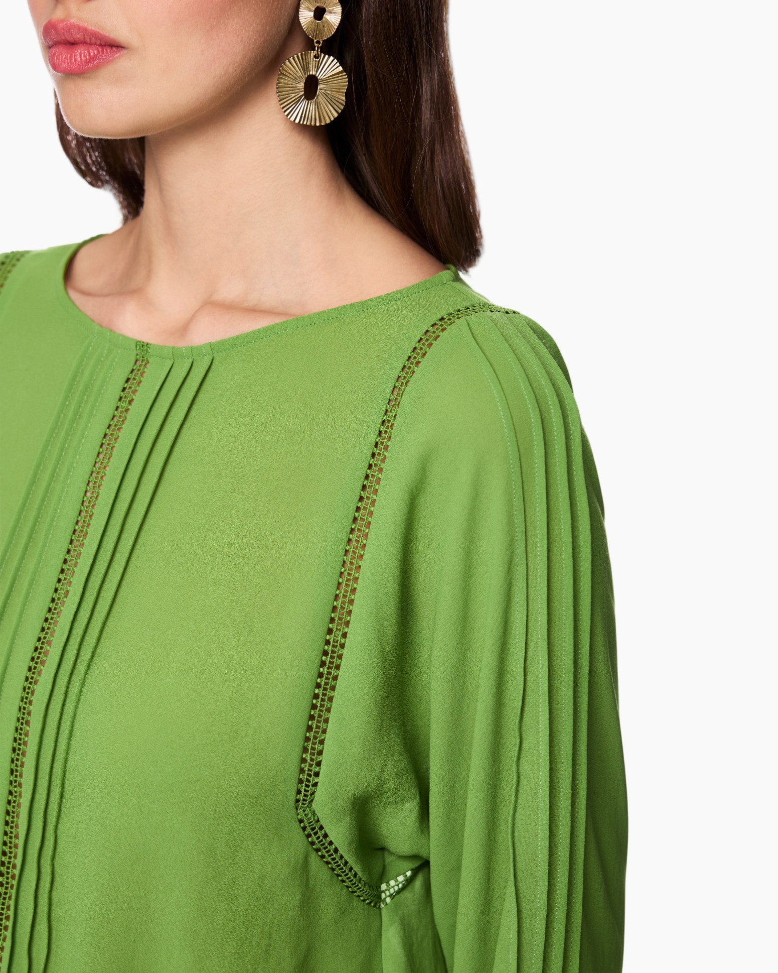 green top, pleated details, embellished trim, long sleeve, round neck