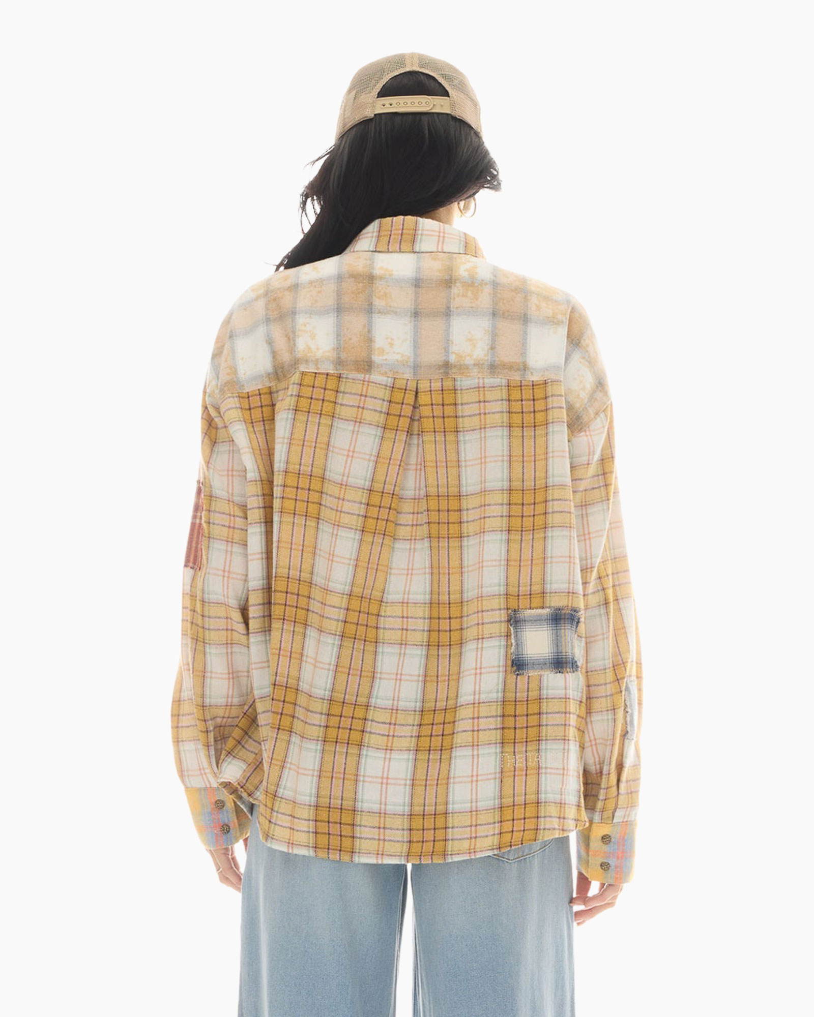 plaid, oversized, shirt, back view, patch pocket