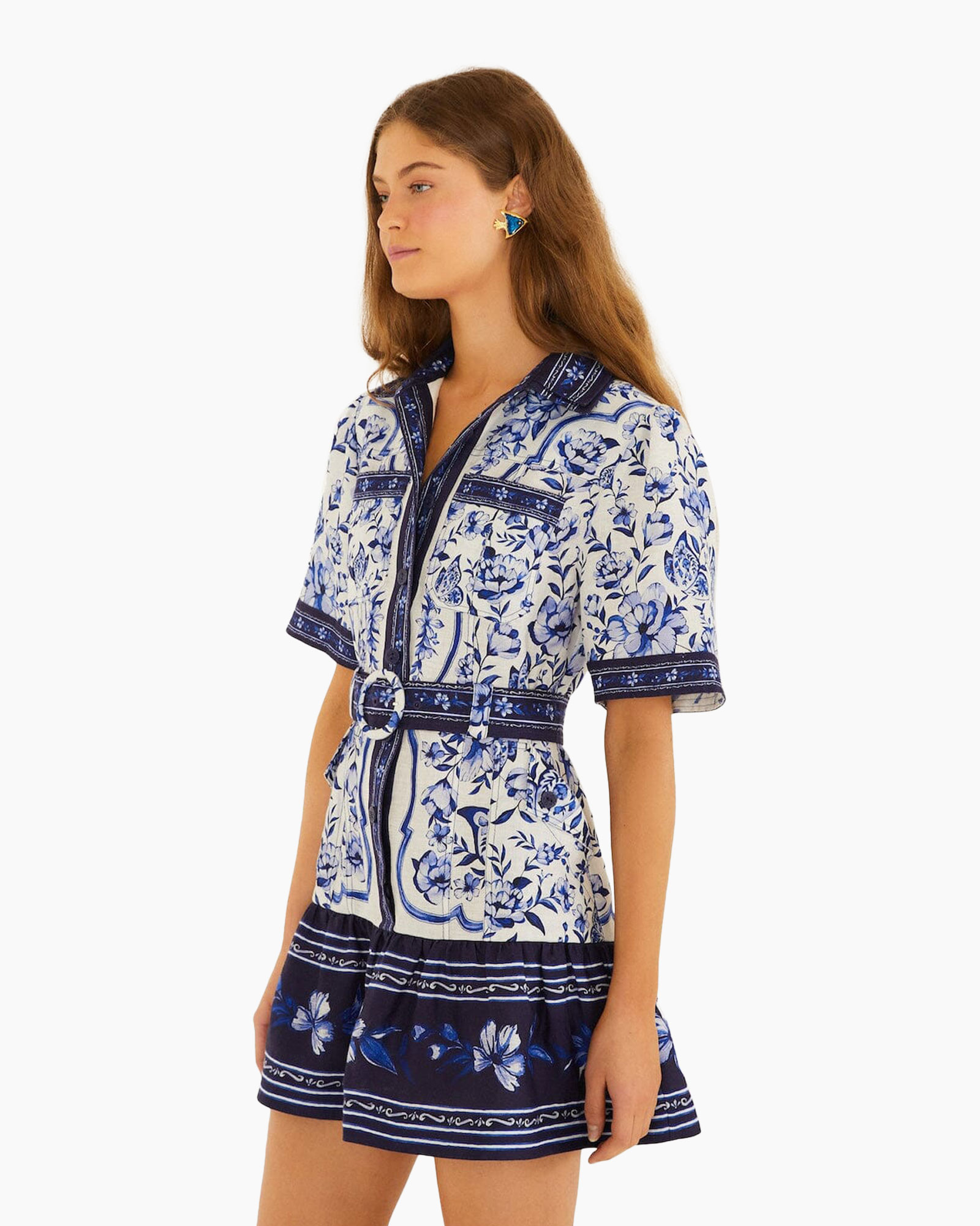 dress, short-sleeve, blue-and-white, floral, belted