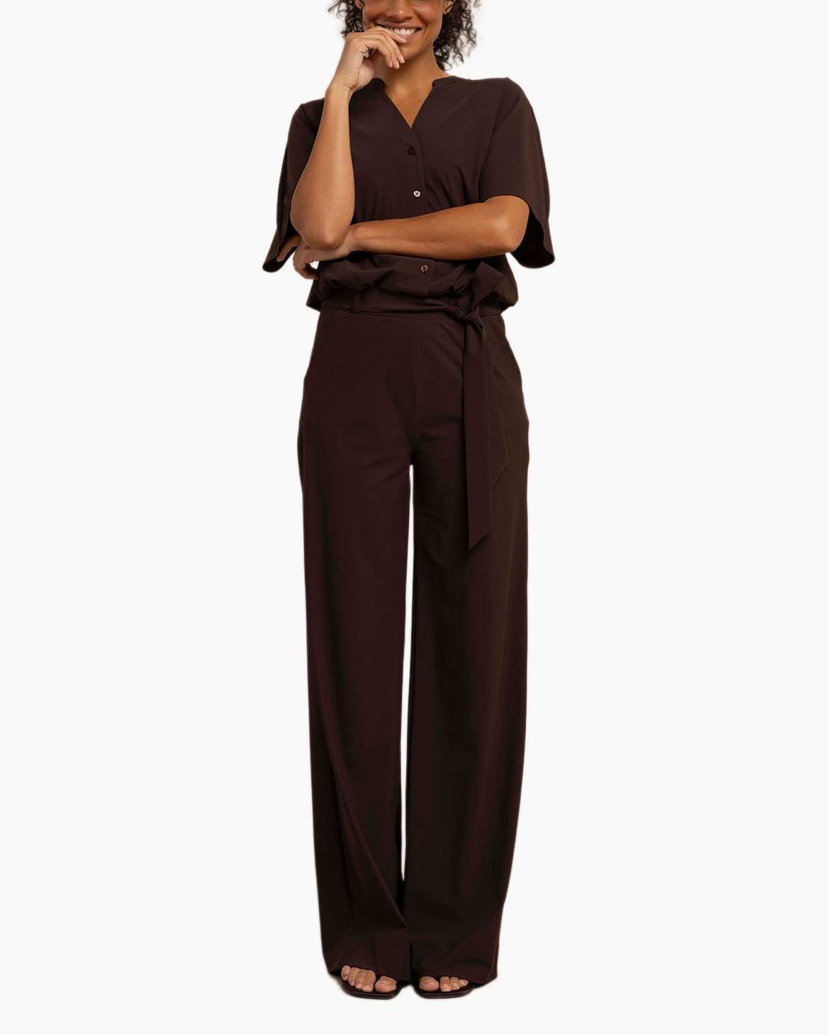 wide-leg pants, jumpsuit alternative, belly knot, solid color, brown