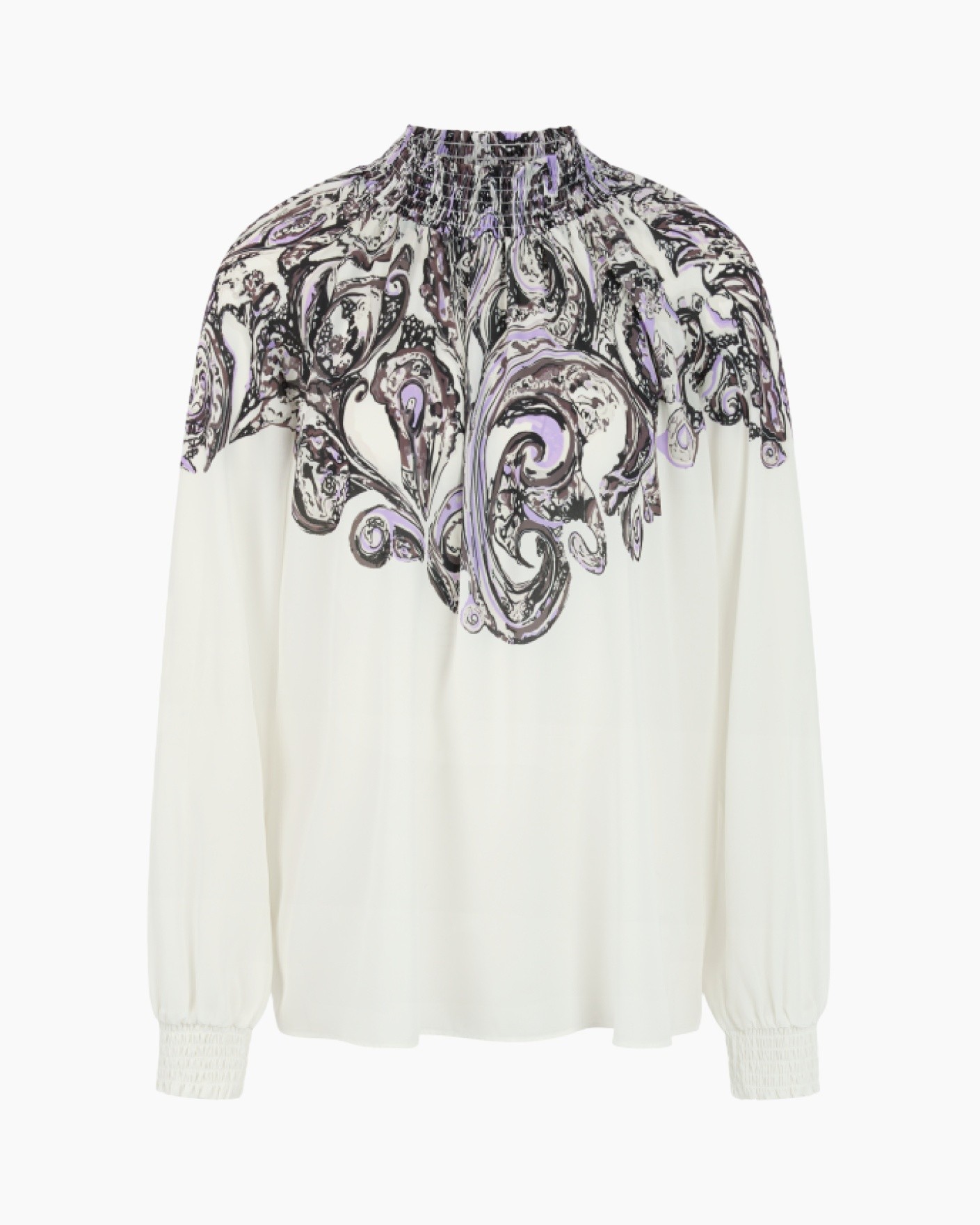 blouse, paisley, flower pattern, long sleeves, smocked neckline