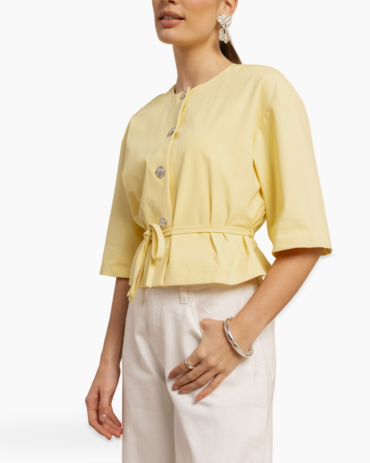 top, short-sleeve, wrap, belt, yellow
