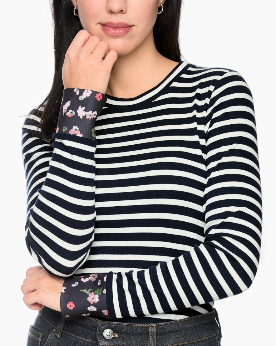 striped sweater, navy white, long sleeve, crew neck, floral cuff