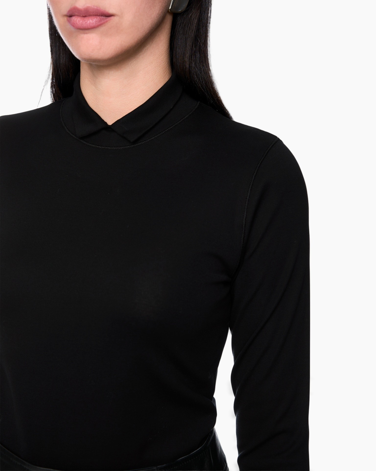 black top, turtleneck, long sleeve, plain, collar