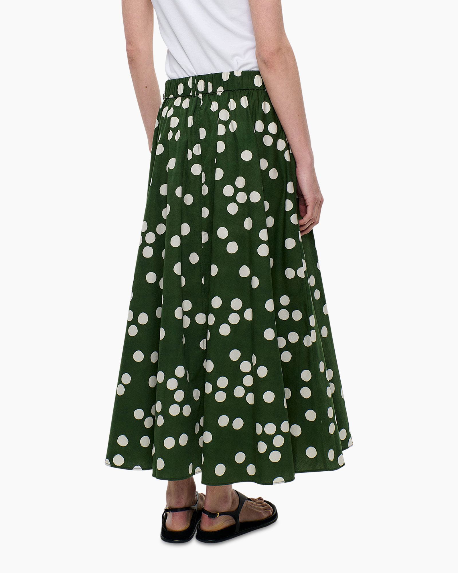 maxi skirt, green, polka dot, elastic waist, ankle length