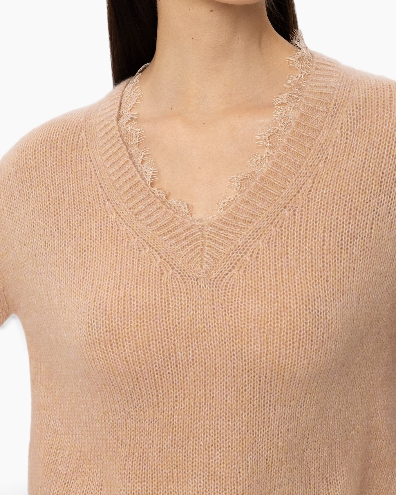 knit sweater, beige, v-neck, soft yarn, collar edge detail