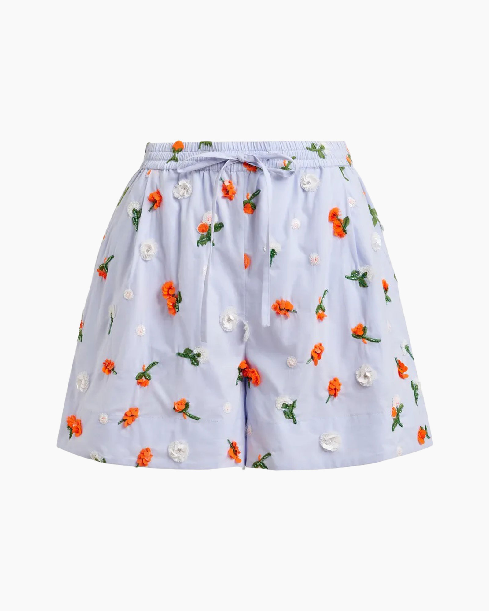 shorts, embroidered, floral, drawstring, light blue