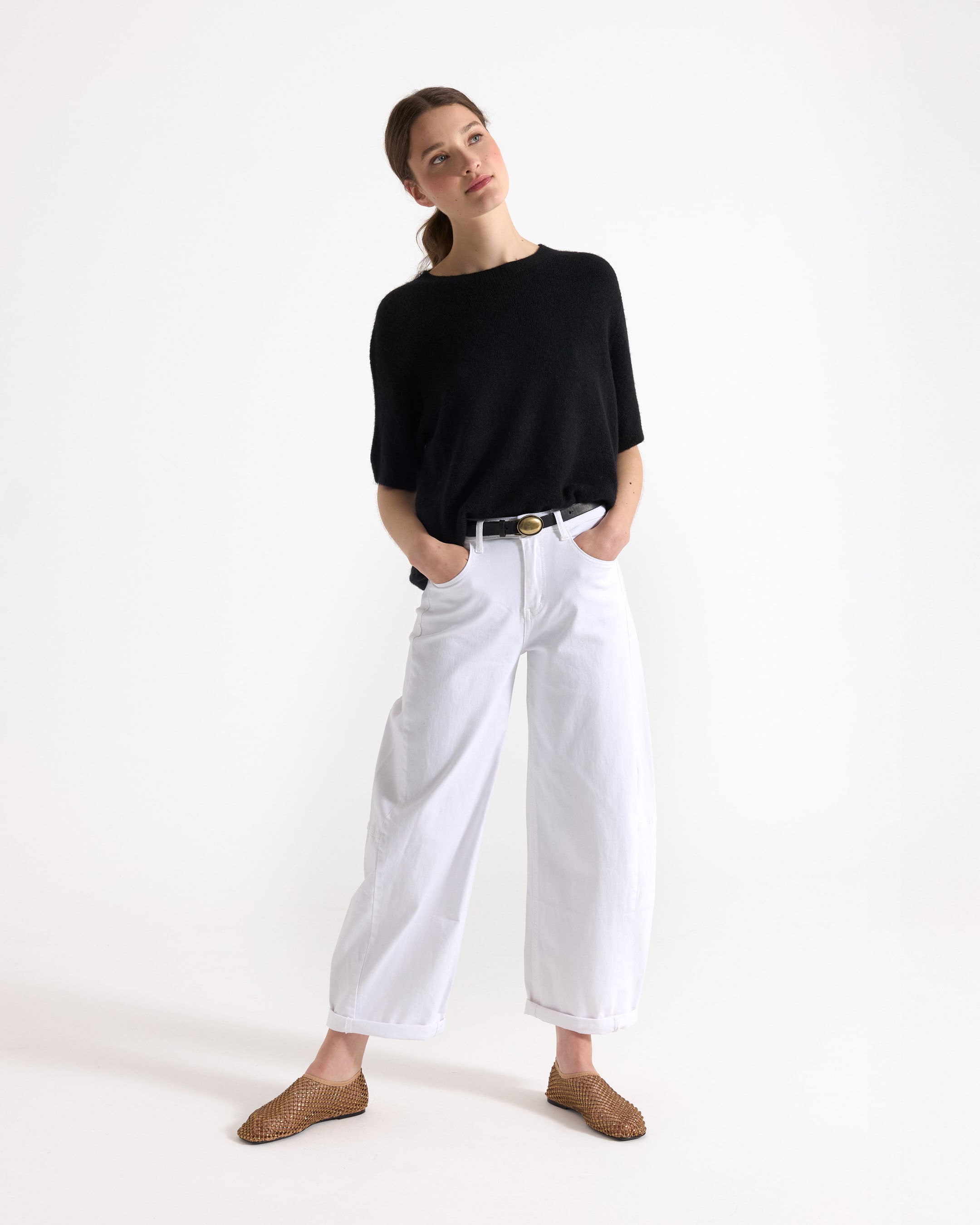 black sweater, crew neck, short sleeves, knit top, plain black