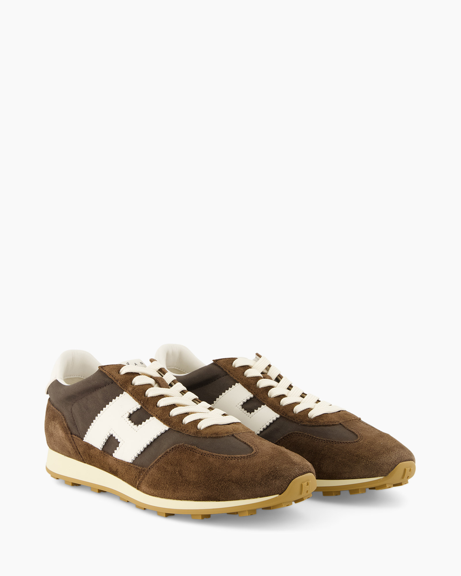 sneaker, brown,  suede, white logo, laced