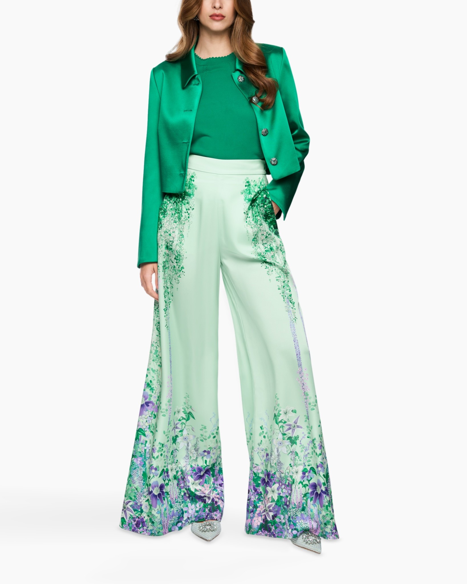 green suit, green jacket, floral wide-leg pants, palazzo pants, emerald green