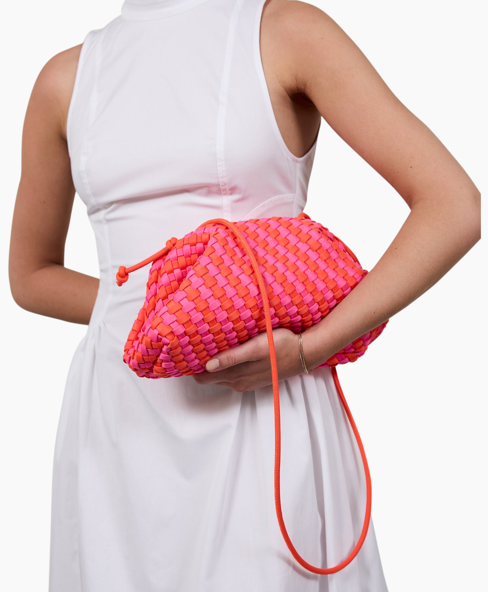 clutch, woven bag, pink, neon, strap