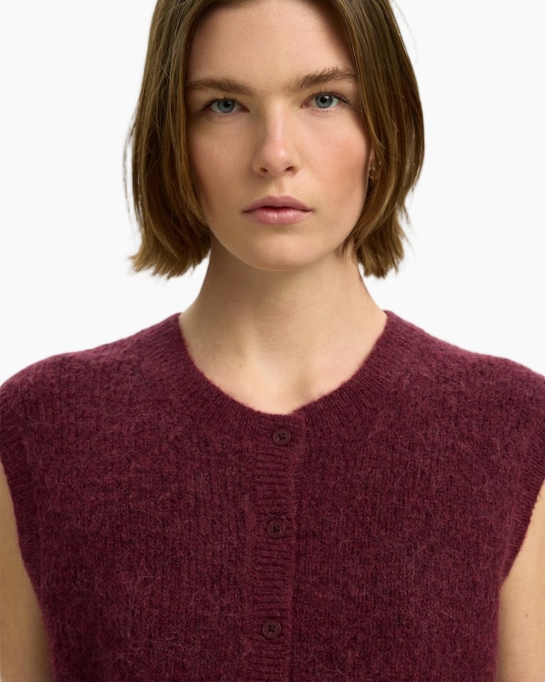 wool, knit, sleeveless, burgundy, cardigan